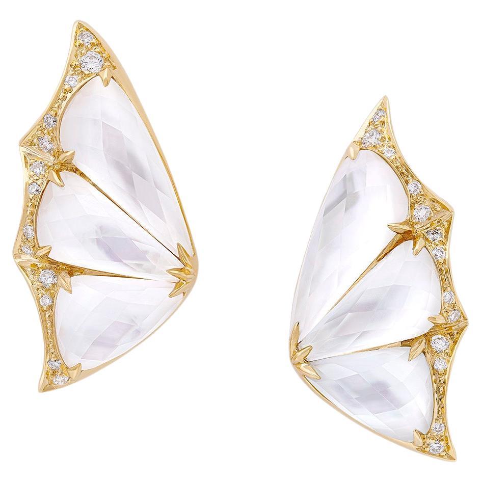 Crystal Haze Cuff Earrings - 18 Carat Yellow Gold and Mother of Pearl For Sale