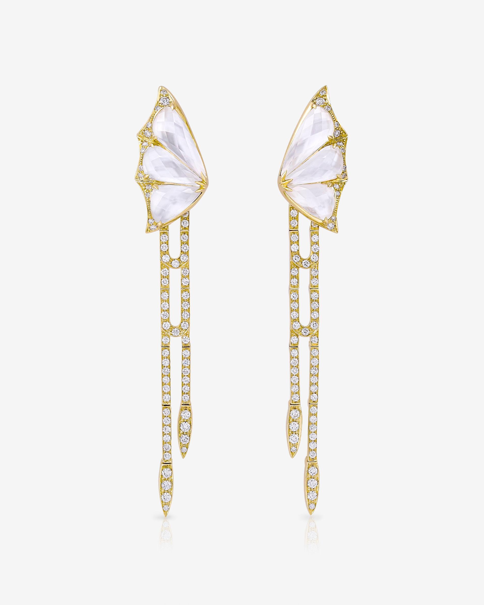 Round Cut Crystal Haze Detachable Drop Earrings - 18 Carat Yellow Gold and Mother of Pearl For Sale