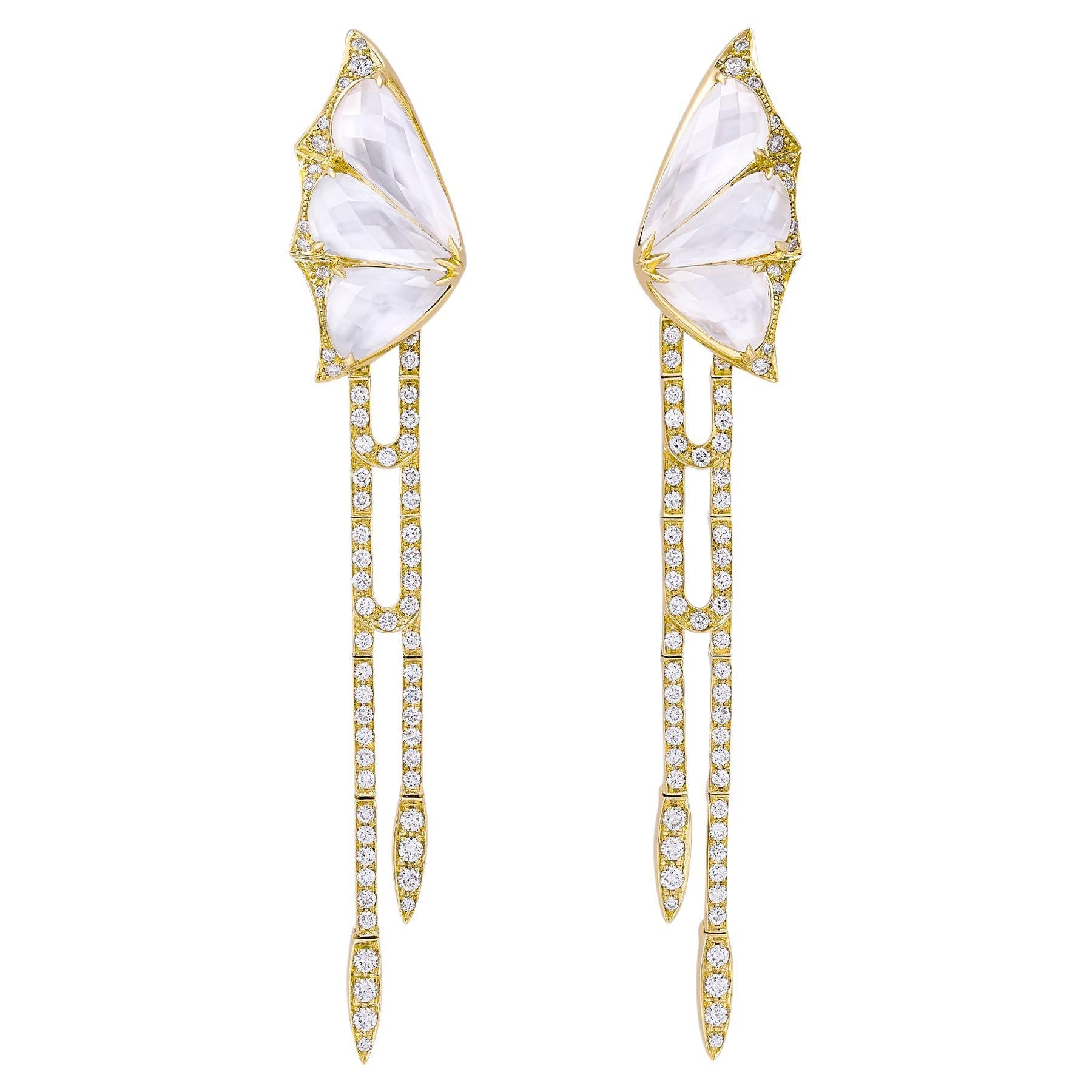 Crystal Haze Detachable Drop Earrings - 18 Carat Yellow Gold and Mother of Pearl For Sale