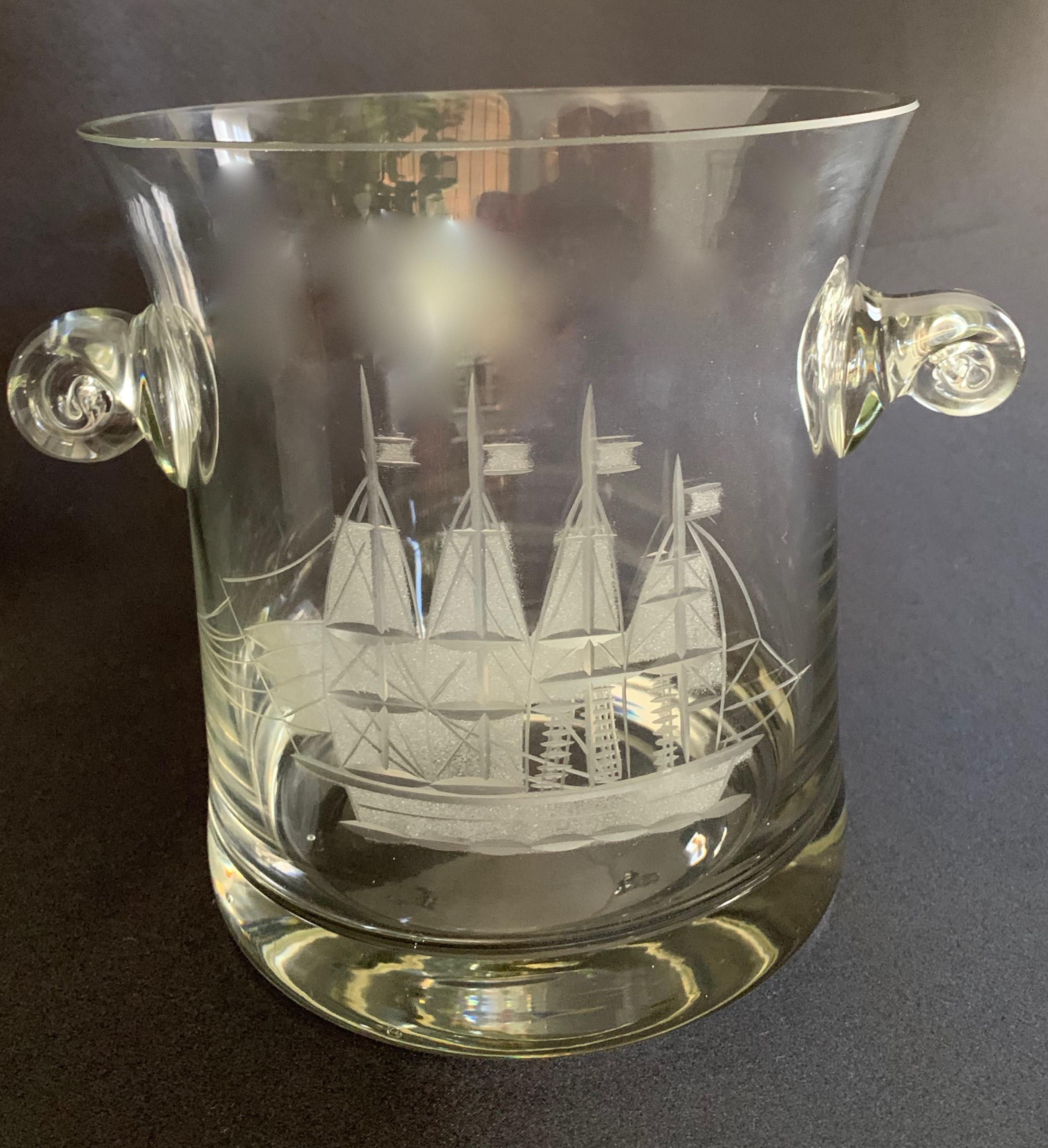 Crystal champagne bucket, or ice bucket with ship, sail boat, ship etching. A handsome addition for the bartender near the water, on the yacht or lover of sailing.