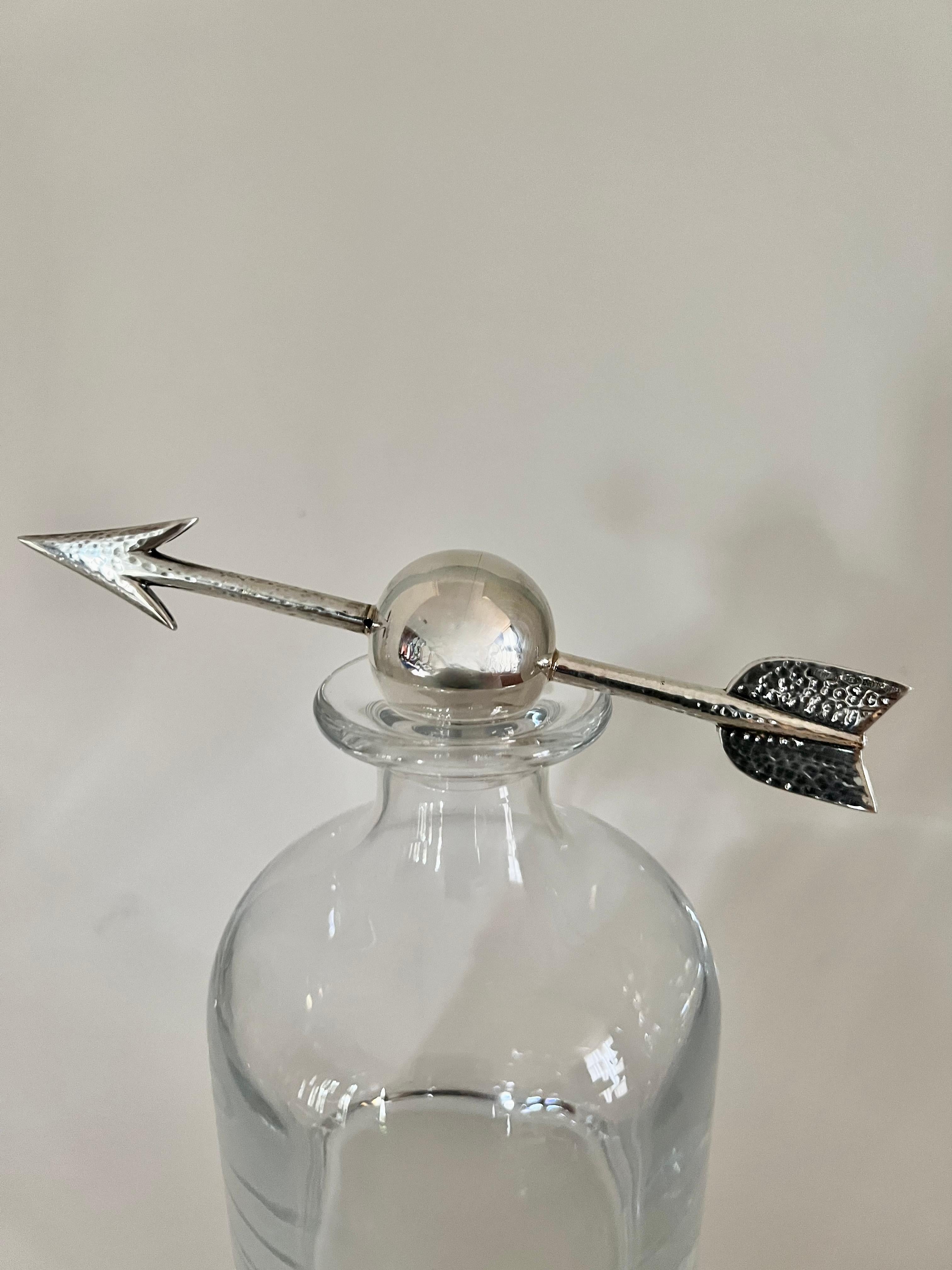 Sterling Silver Crystal Italian Pampaloni Decanter with Hammered Silver Ball and Arrow Stopper