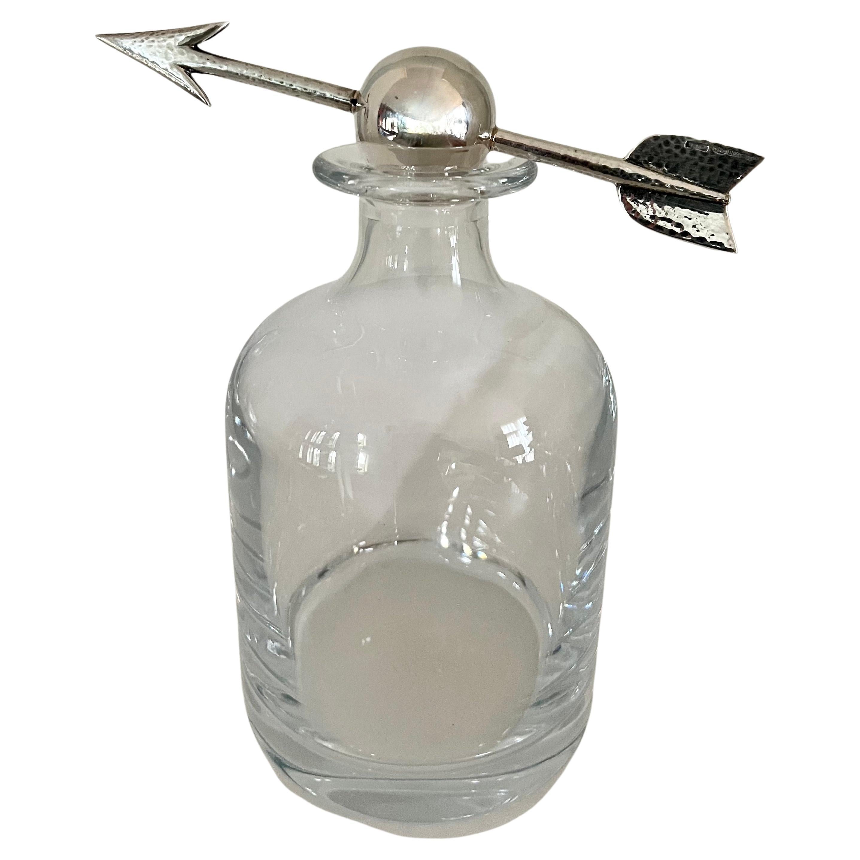 Crystal Italian Pampaloni Decanter with Hammered Silver Ball and Arrow Stopper
