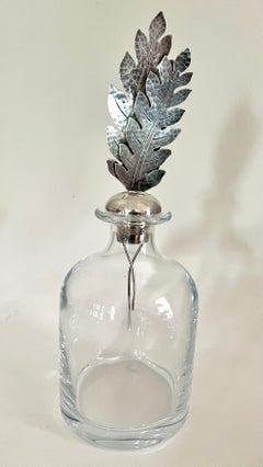 Carafe italienne Pampaloni en cristal avec bouchon en forme de plume ou de feuille en argent sterling