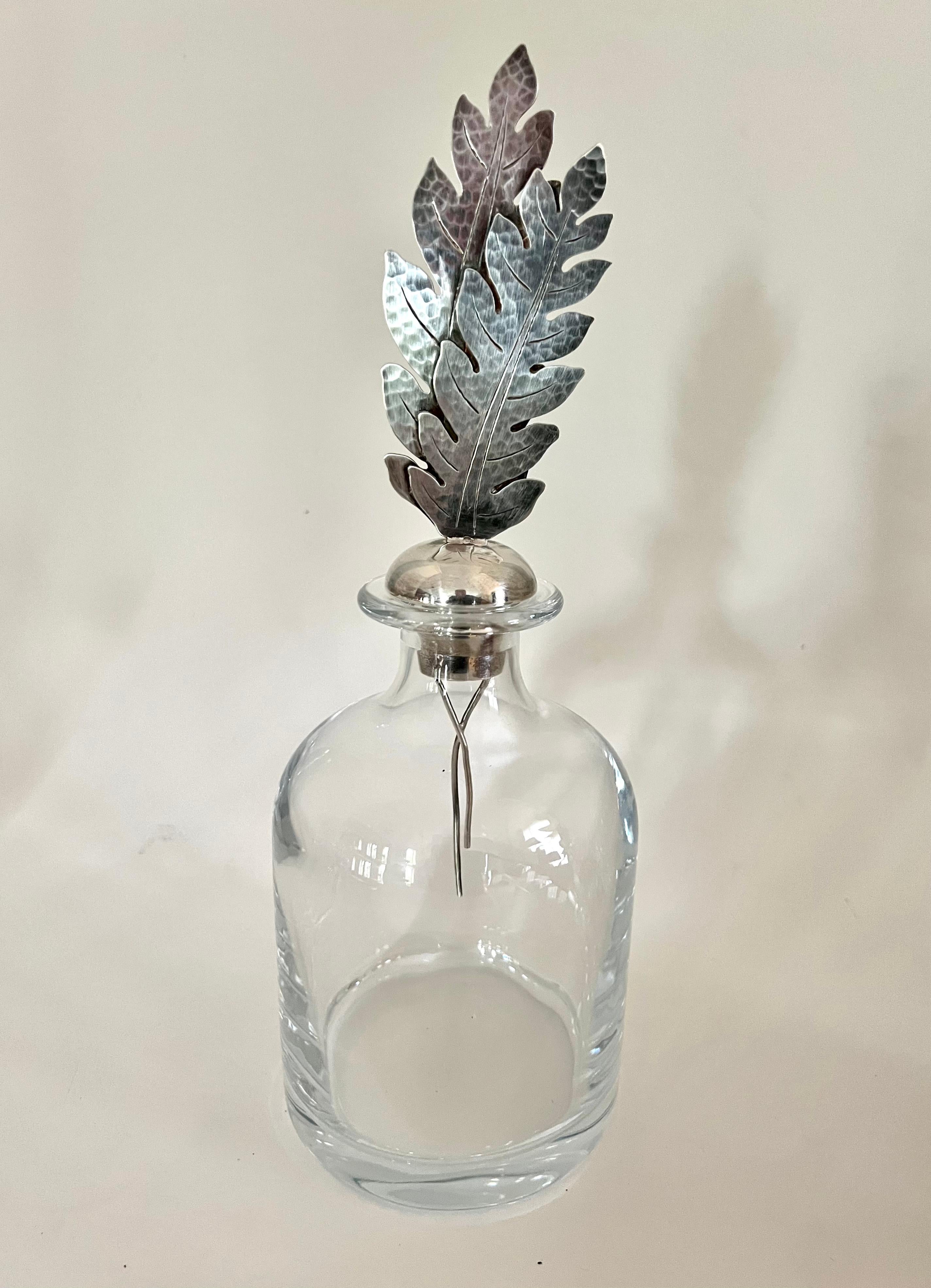 Modern Crystal Italian Pampaloni Decanter with Sterling Silver Feather or Leaf Stopper