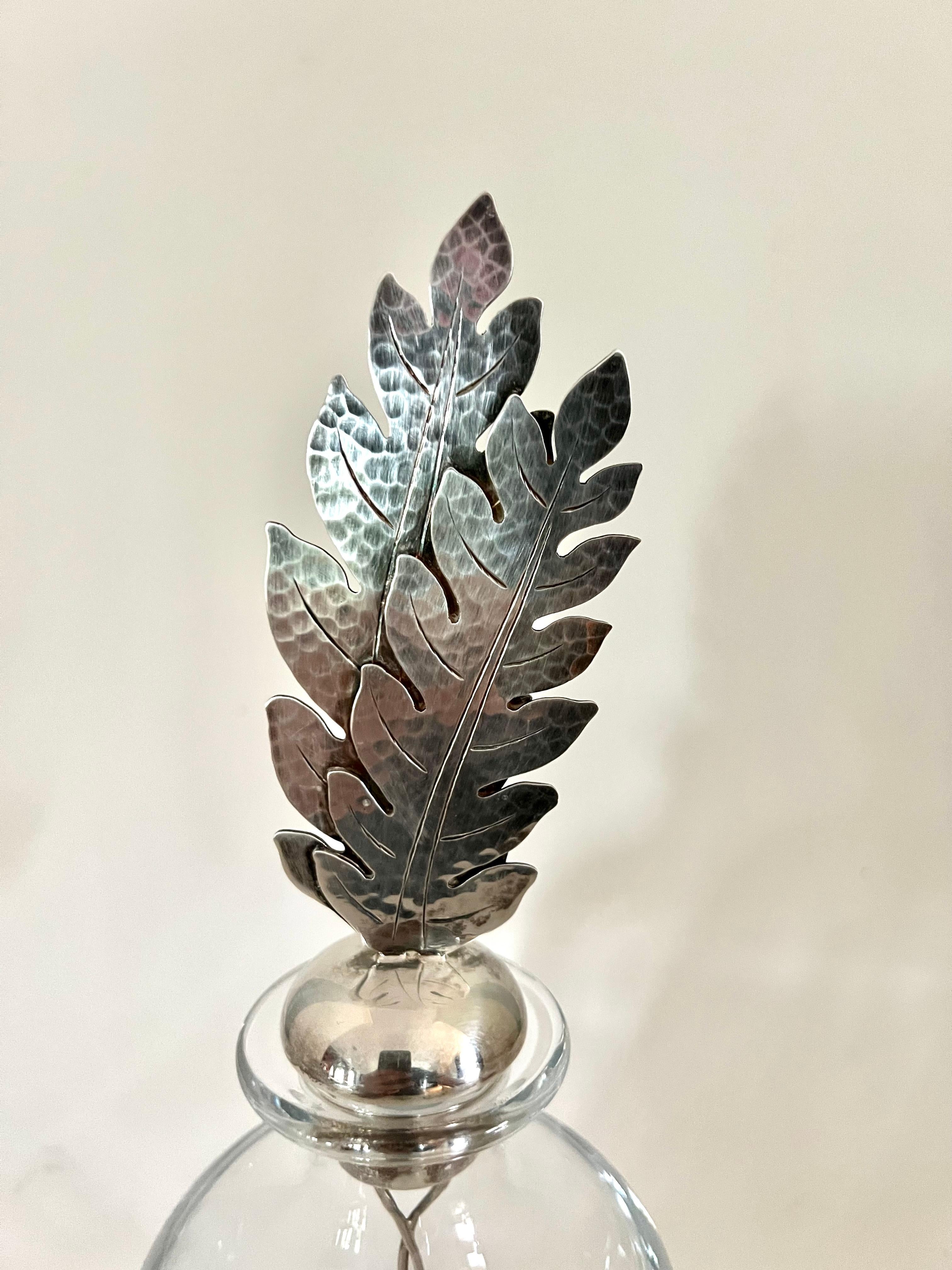 Polished Crystal Italian Pampaloni Decanter with Sterling Silver Feather or Leaf Stopper