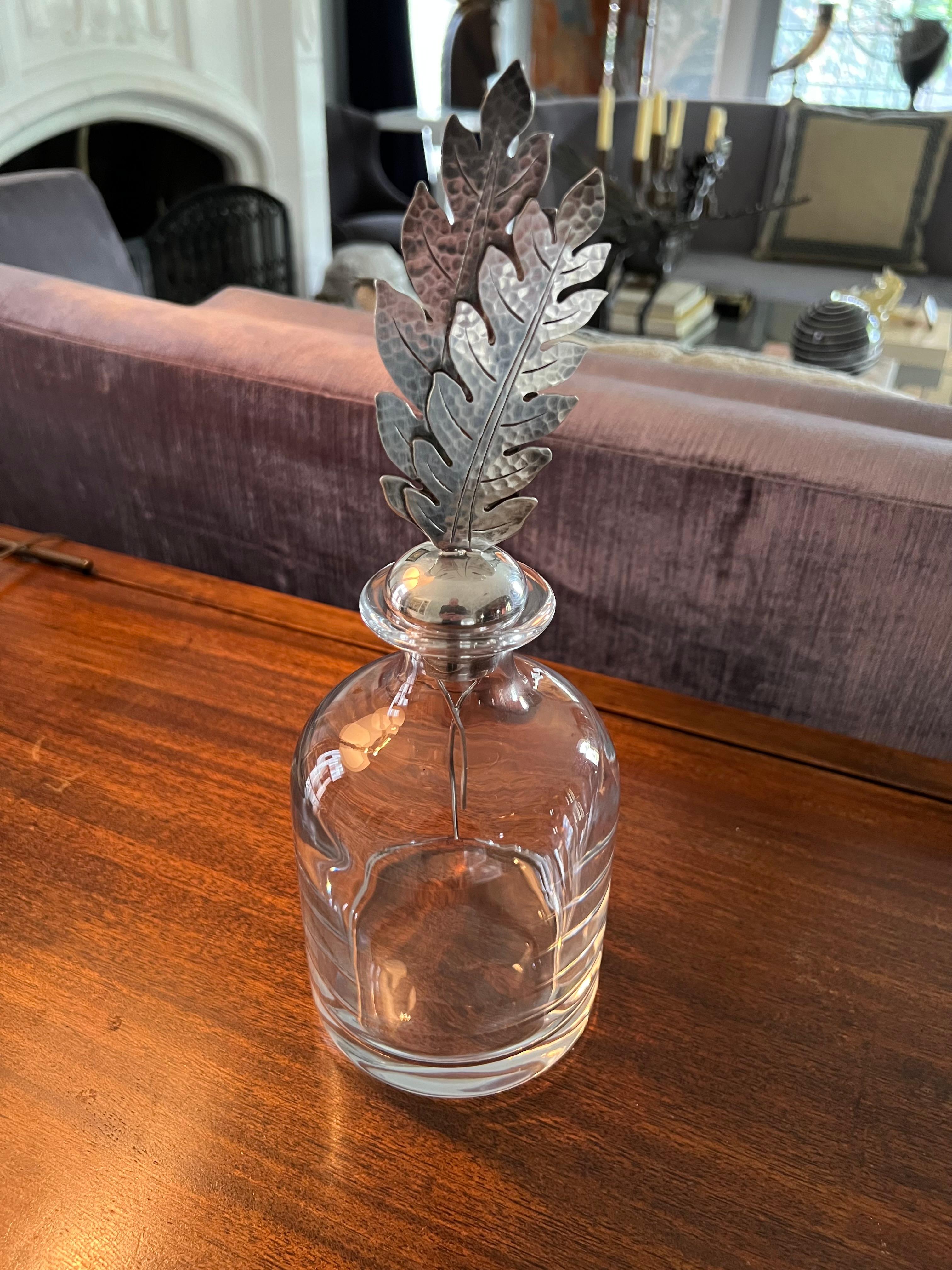 Crystal Italian Pampaloni Decanter with Sterling Silver Feather or Leaf Stopper 1