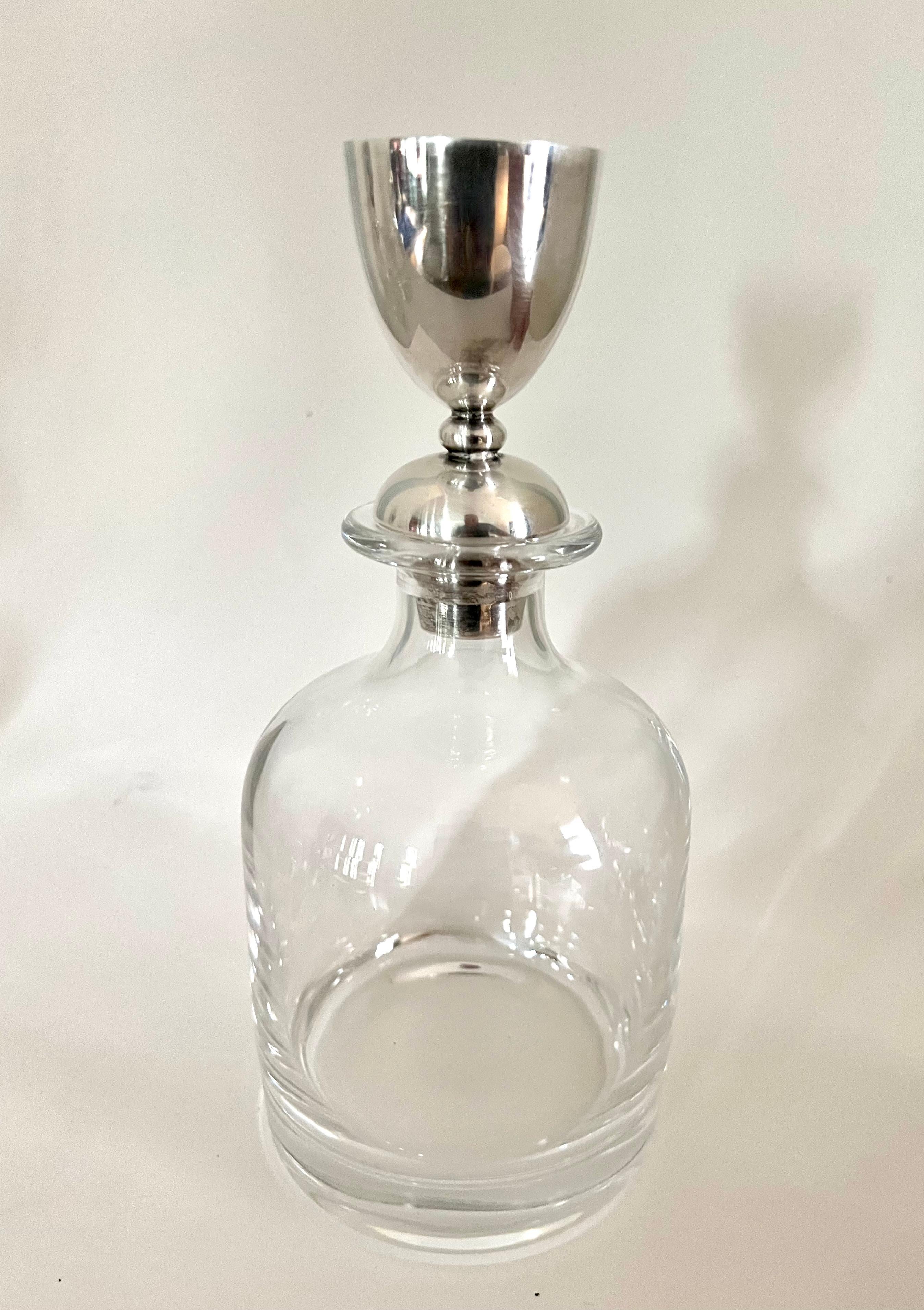 Poli Carafe italienne Pampaloni en cristal avec bouchon en verre à liqueur en argent sterling en vente