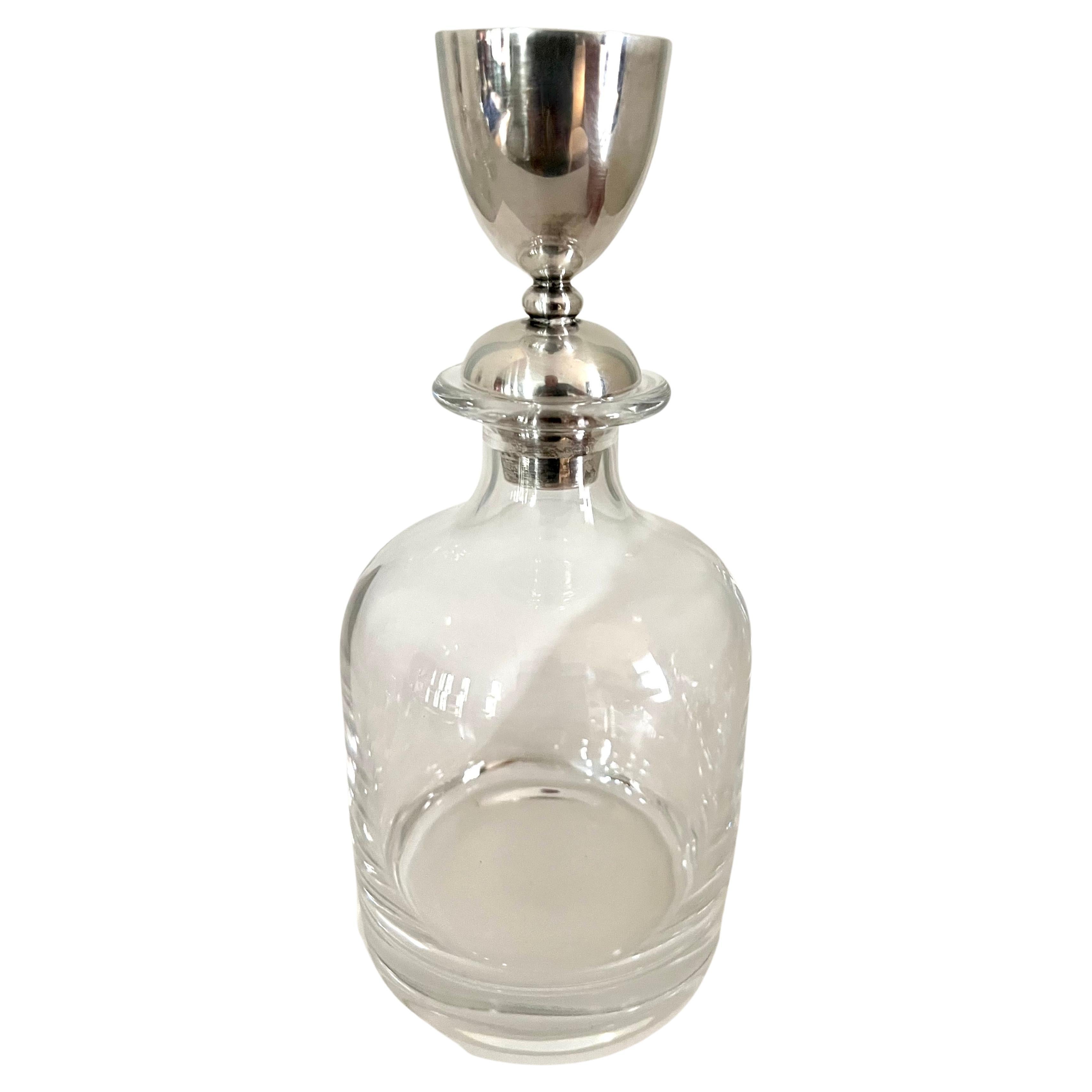 Crystal Italian Pampaloni Decanter with Sterling Silver Shot Glass Stopper For Sale