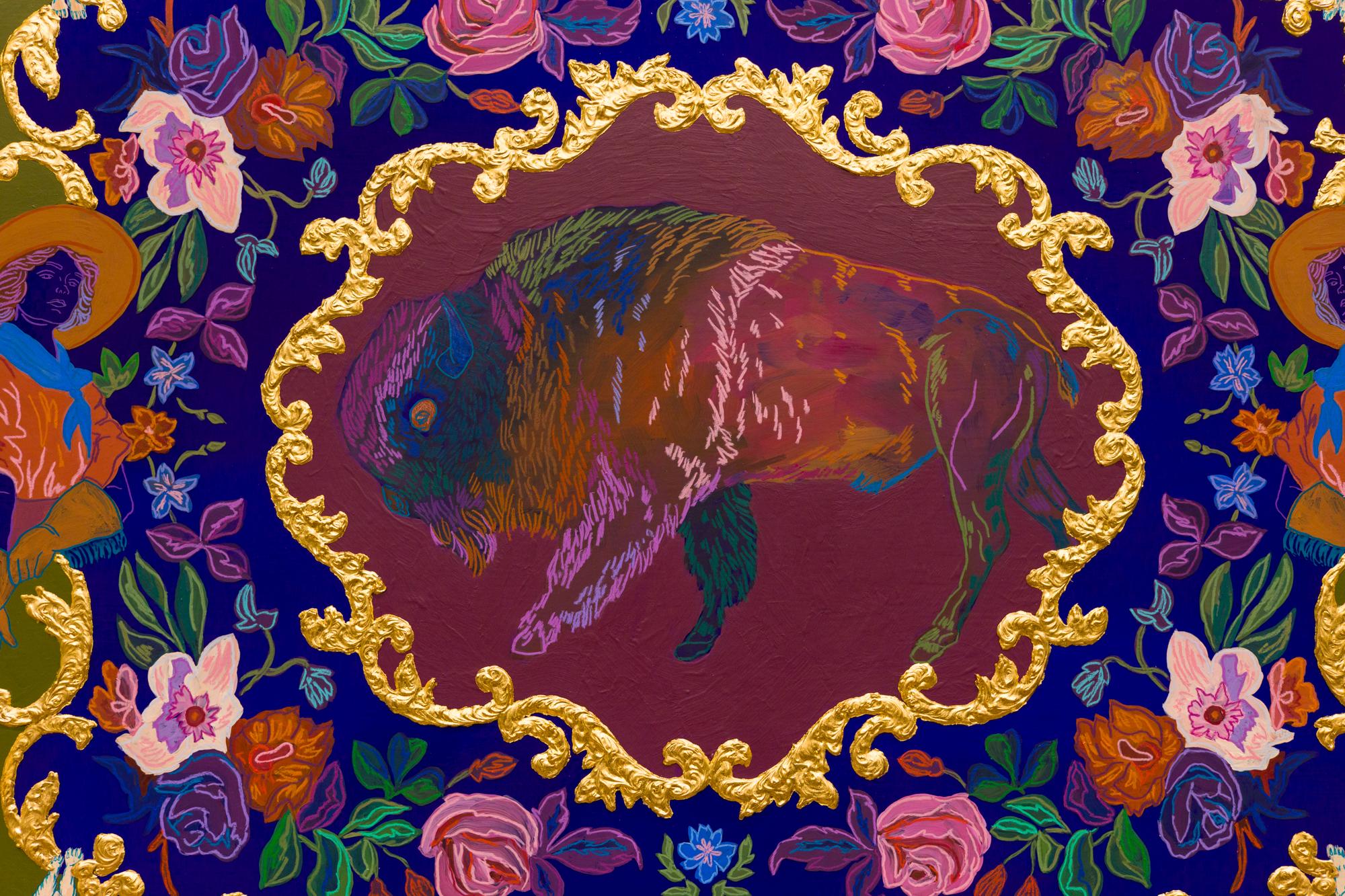 « Entourant », motifs de vache et de buffle, peinture de tapisserie mixte inspirée - Painting de Crystal Latimer