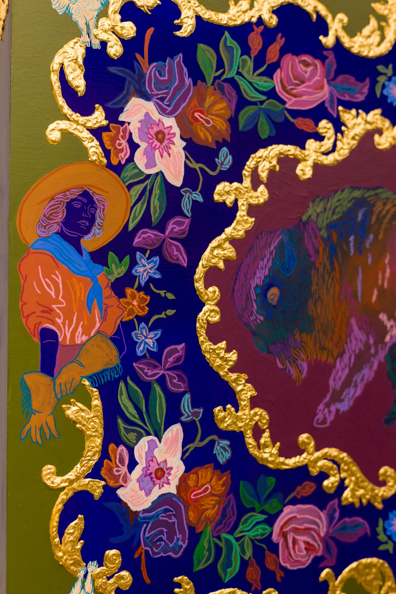 « Entourant », motifs de vache et de buffle, peinture de tapisserie mixte inspirée - Contemporain Painting par Crystal Latimer