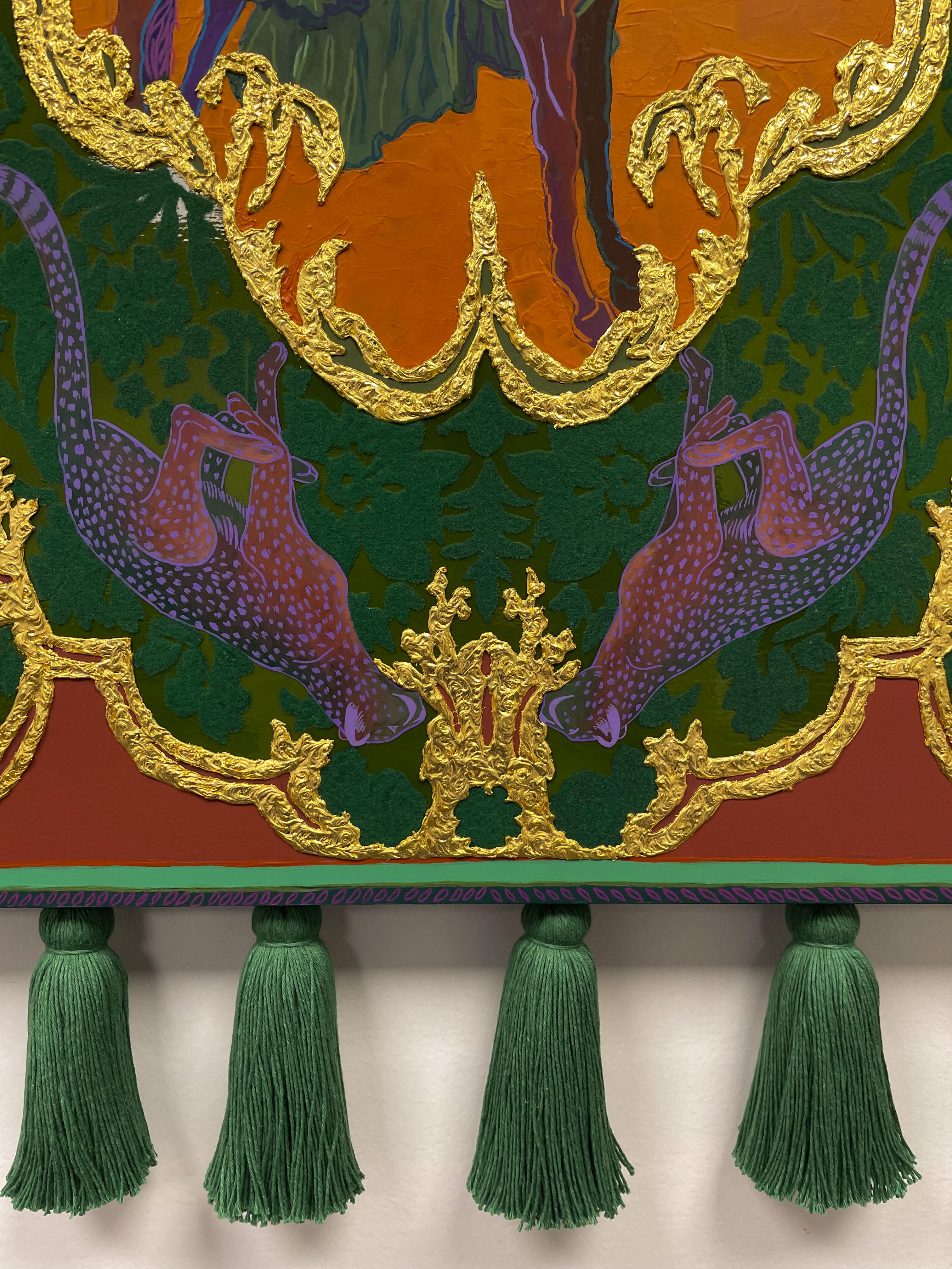 Crystal Latimer employs the method to create depth. Inspired by 16th centenary tapestry, she combines western iconography with the symmetrical design elements of medieval artisans. The flocking process adds a physical layer that helps soften piece.