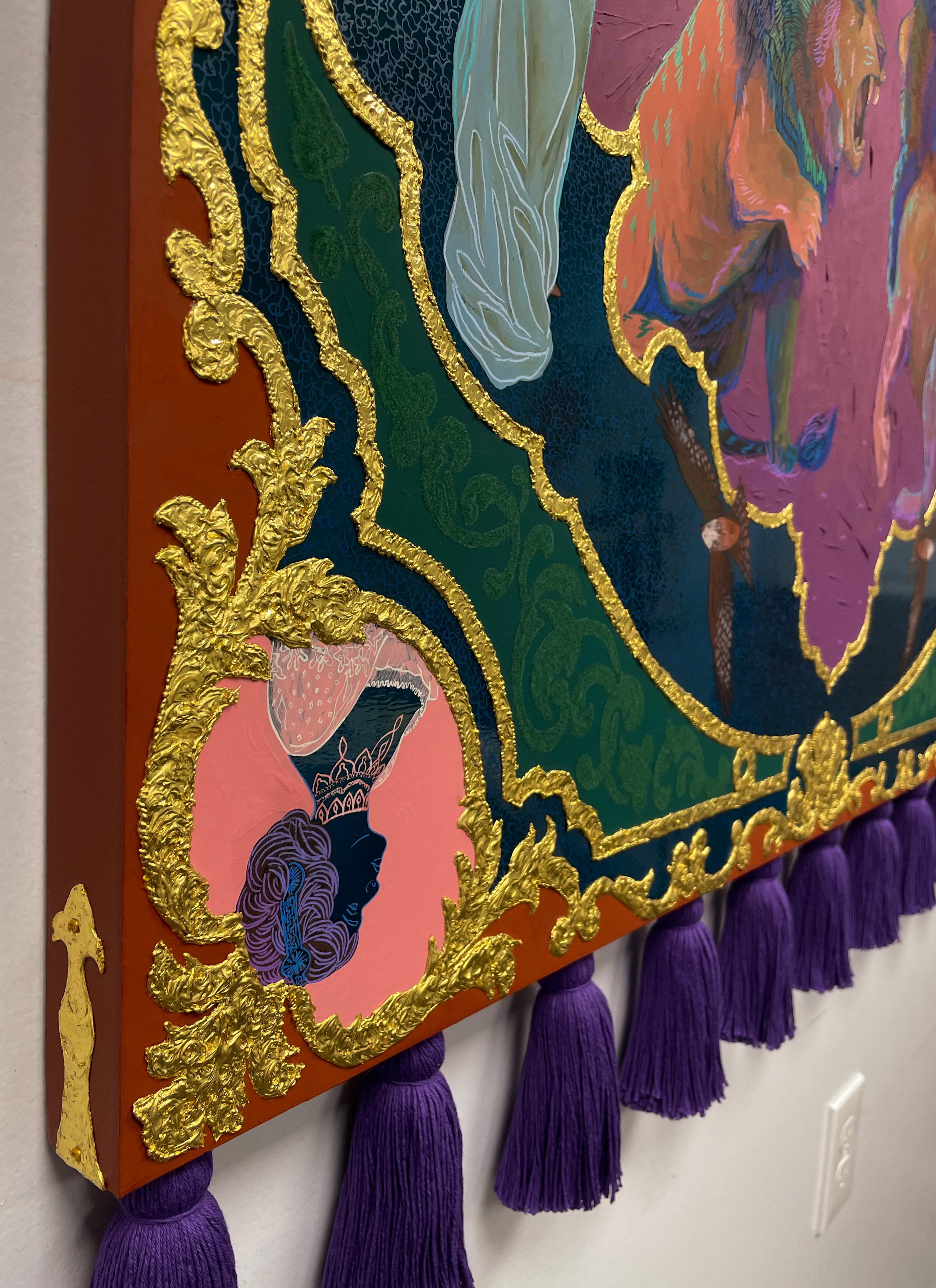 Crystal Latimer employs the method to create depth. Inspired by 16th centenary tapestry, she combines western iconography with the symmetrical design elements of medieval artisans. The flocking process adds a physical layer that helps soften piece.