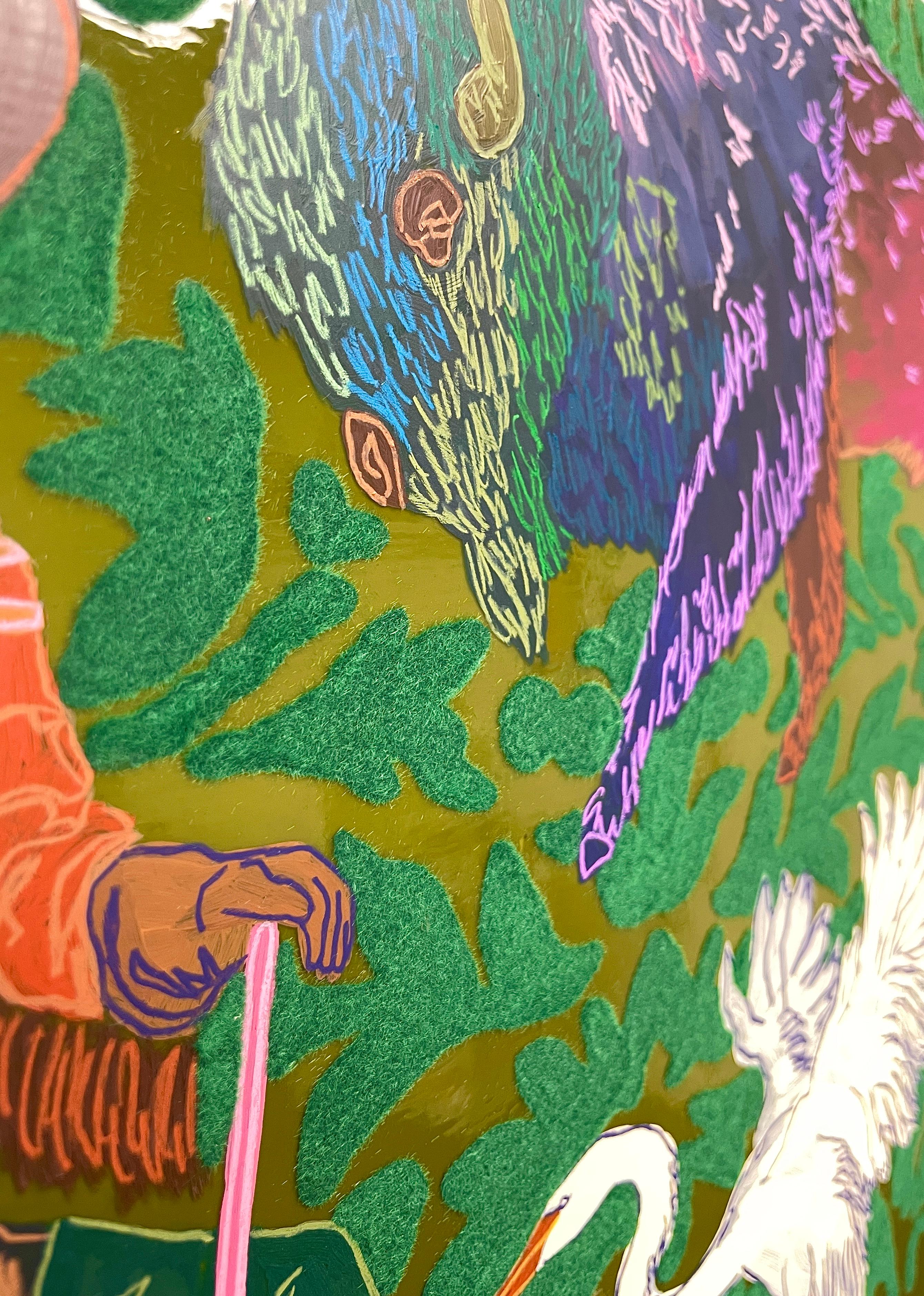 Crystal Latimer employs the method to create depth. Inspired by 16th centenary tapestry, she combines western iconography with the symmetrical design elements of medieval artisans. The flocking process adds a physical layer that helps soften piece.