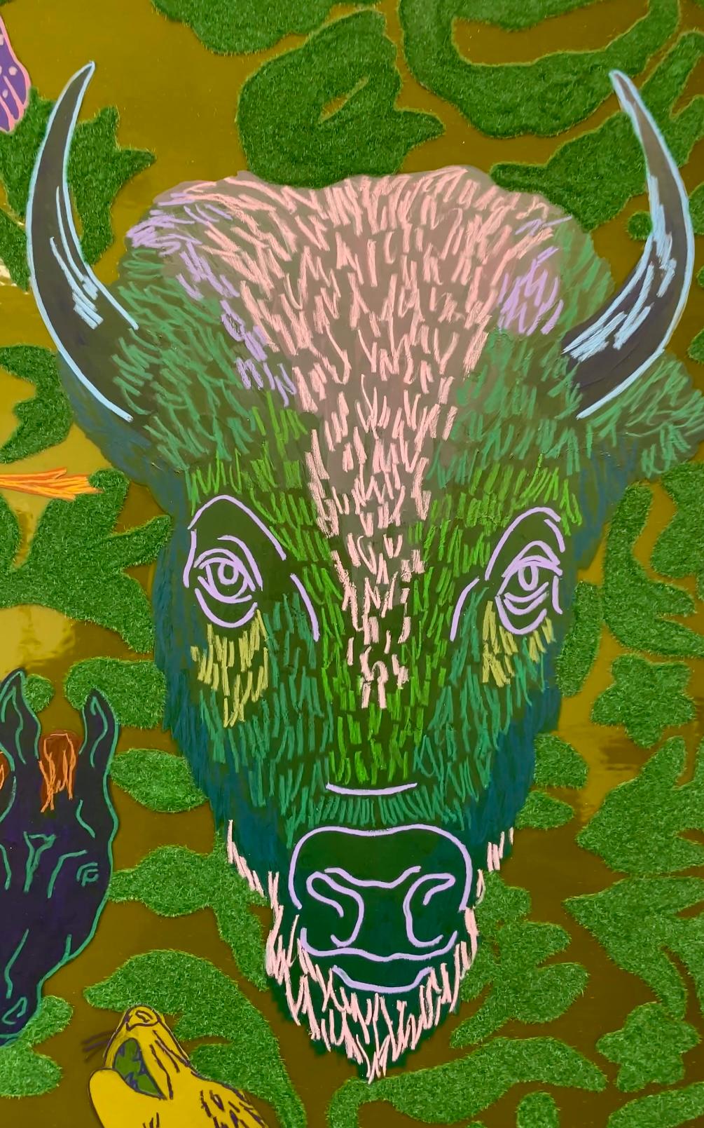 Crystal Latimer employs the method to create depth. Inspired by 16th centenary tapestry, she combines western iconography with the symmetrical design elements of medieval artisans. The flocking process adds a physical layer that helps soften piece.