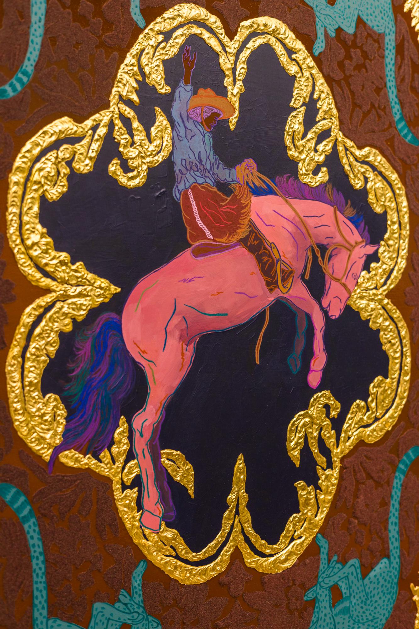 „Won't Take the Easy Road“ Motive aus dem Wilden Westen, Rindsleder auf ihrem Pferd, Gemälde im Angebot 10