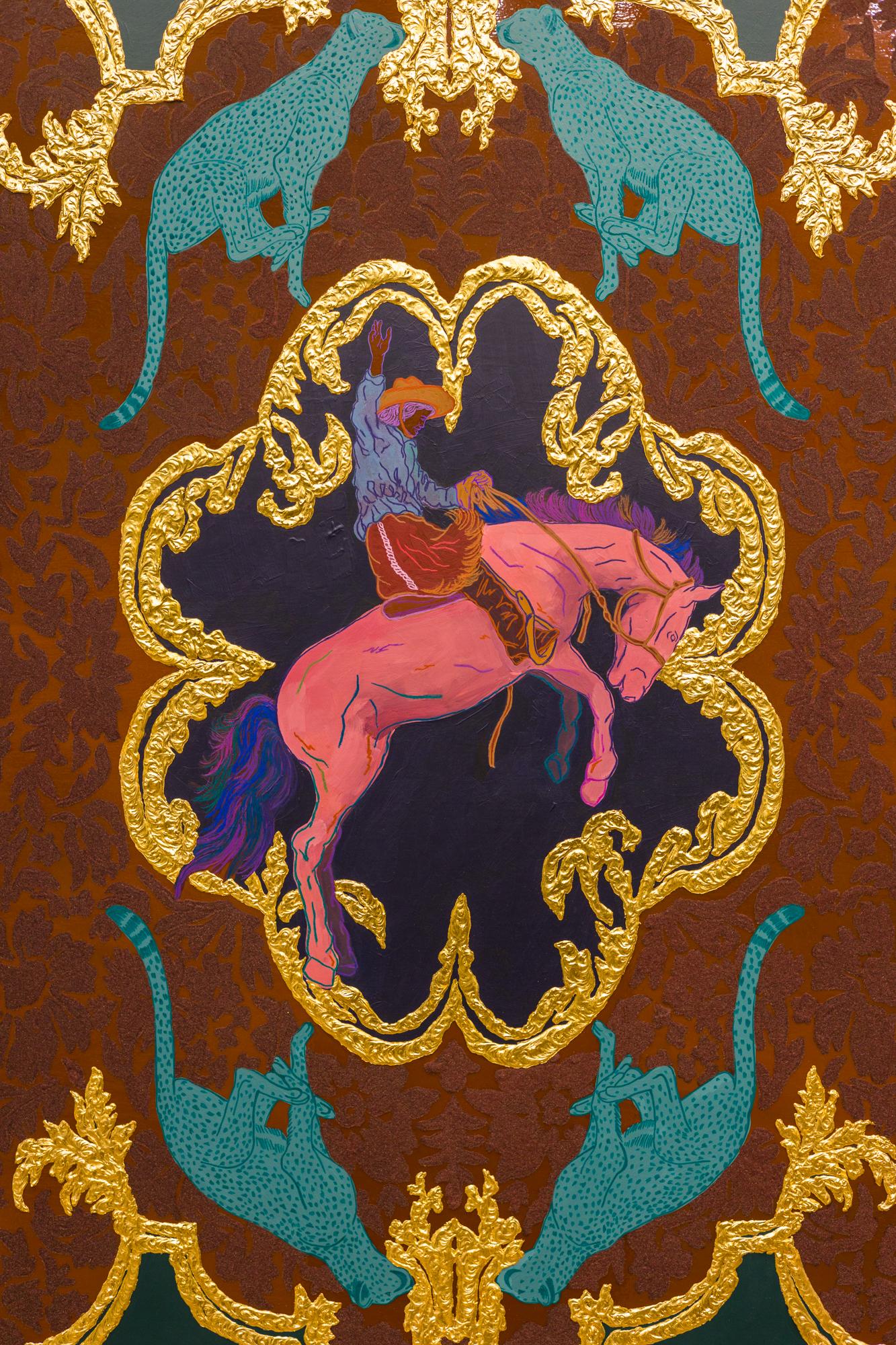 „Won't Take the Easy Road“ Motive aus dem Wilden Westen, Rindsleder auf ihrem Pferd, Gemälde – Painting von Crystal Latimer