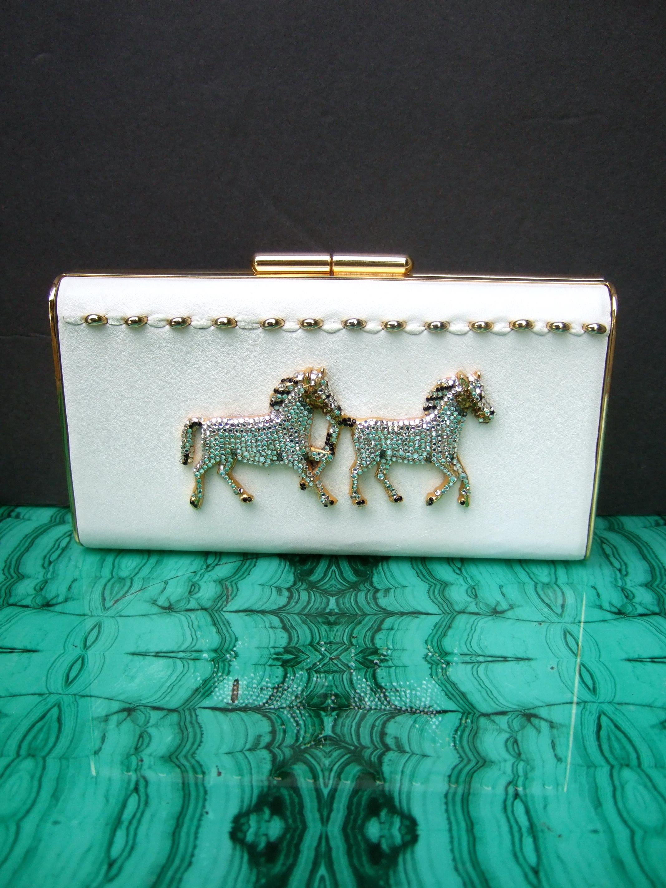 Gray Crystal Leather Equine Minaudiere Clutch by Ermine Beverly Hills c 1980s