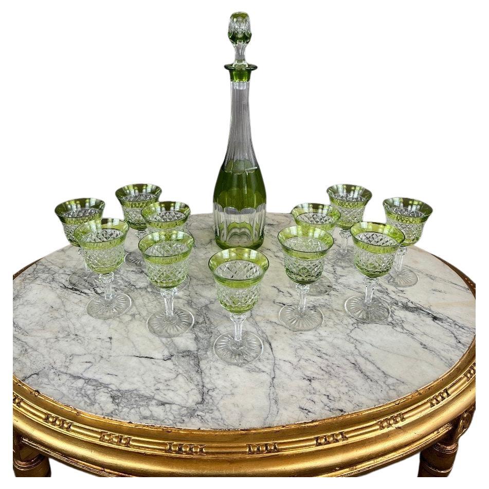 20th Century French Crystal Liquor Set with 11 Glasses & Decanter For Sale