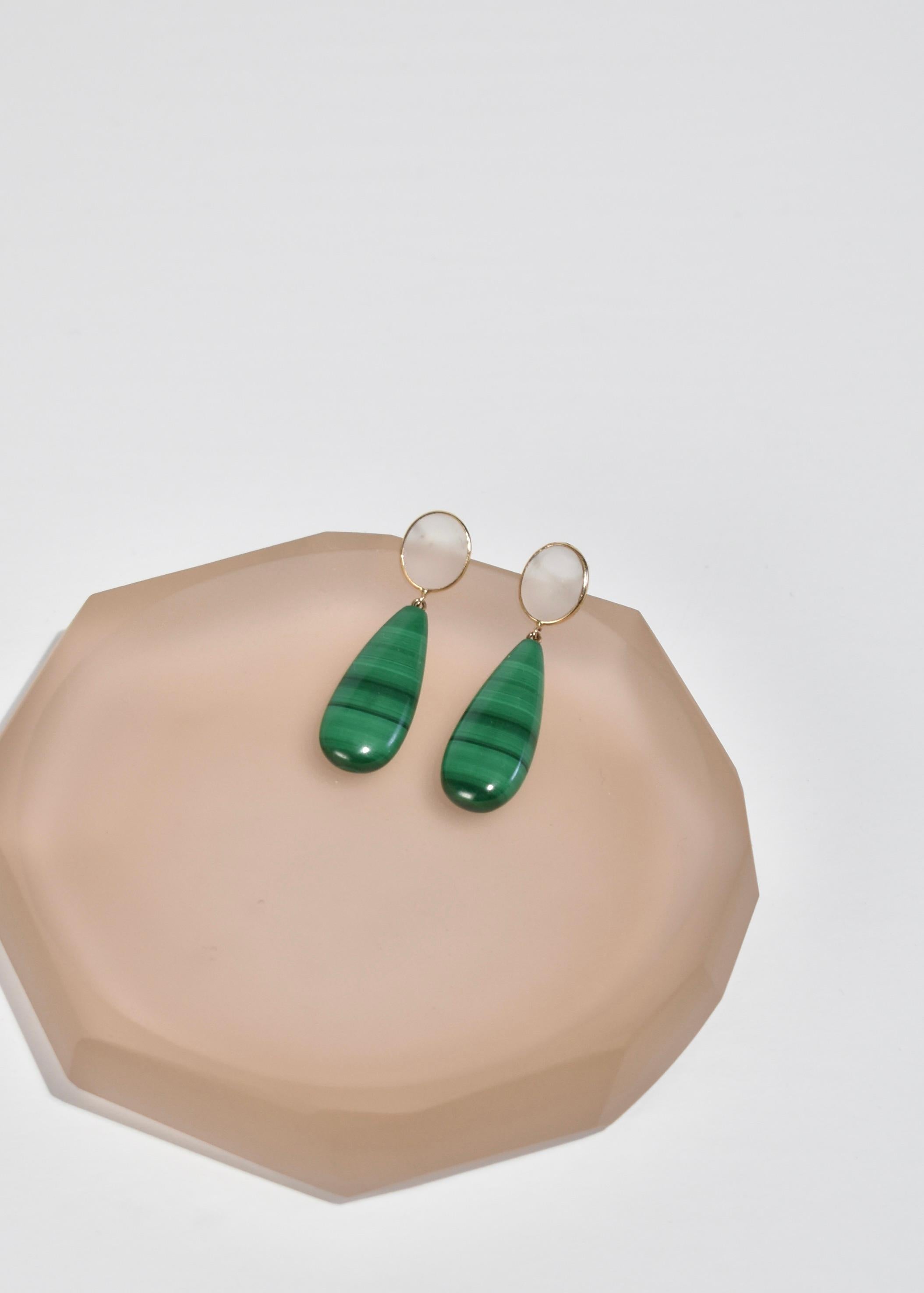 Cabochon Crystal Malachite Earrings For Sale