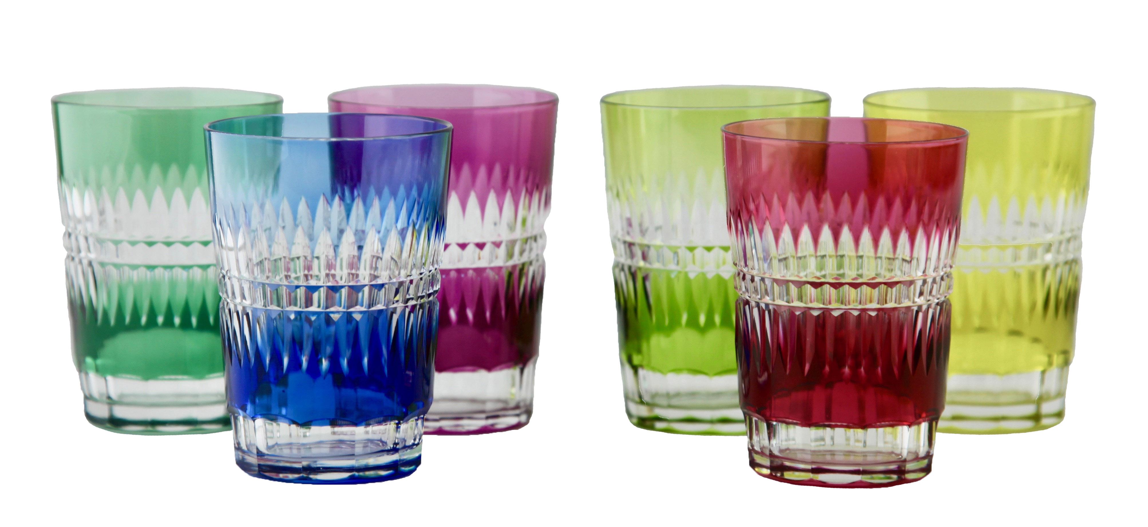 Mid-Century Modern Crystal Mix Set of 12 Stem Glasses + 6 Water Goblets Colored Cut to Clear