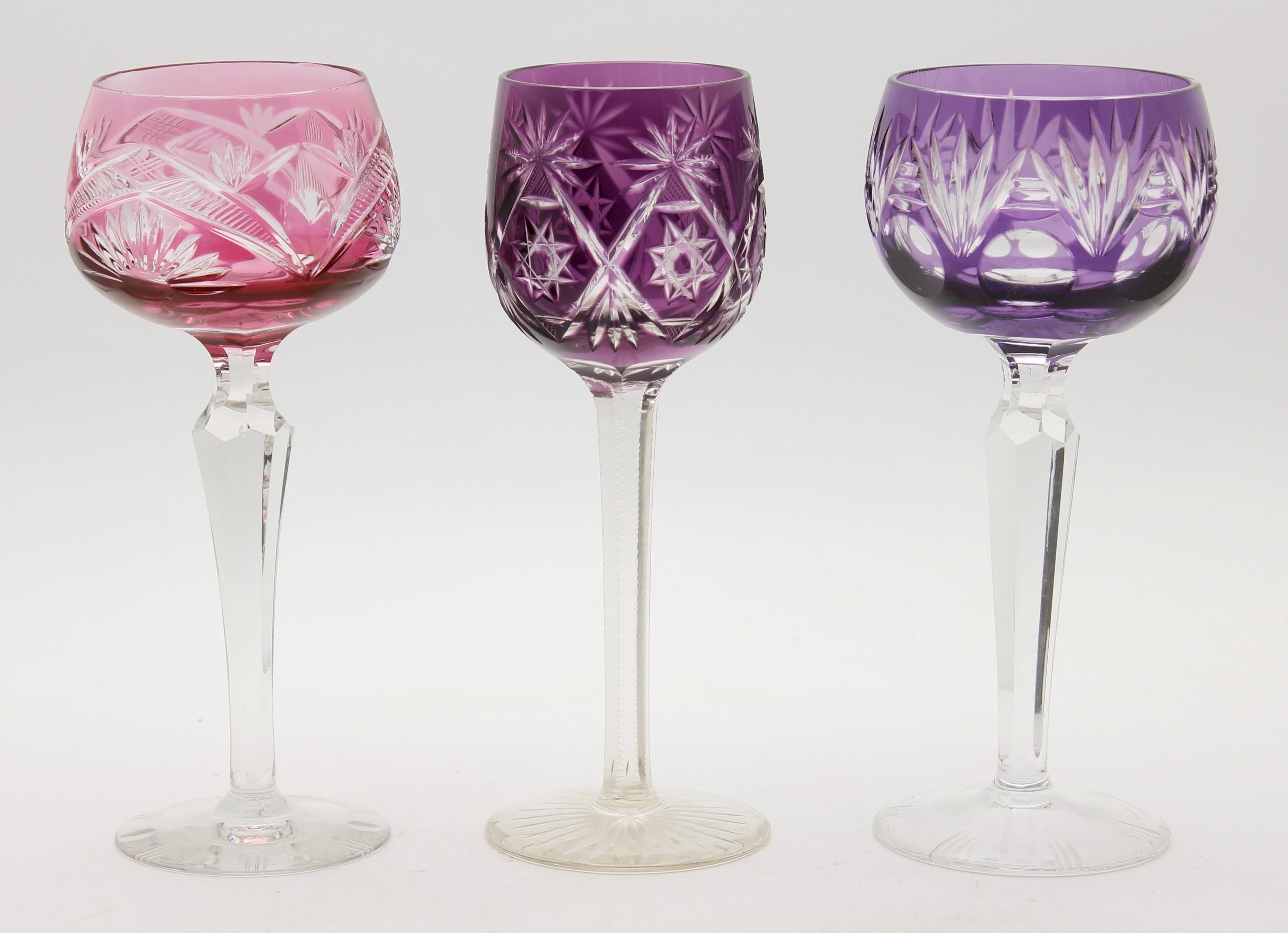 Mid-Century Modern Crystal Mix Set of 18 Nachtmann Stem Glasses with Colored Overlay Cut to Clear