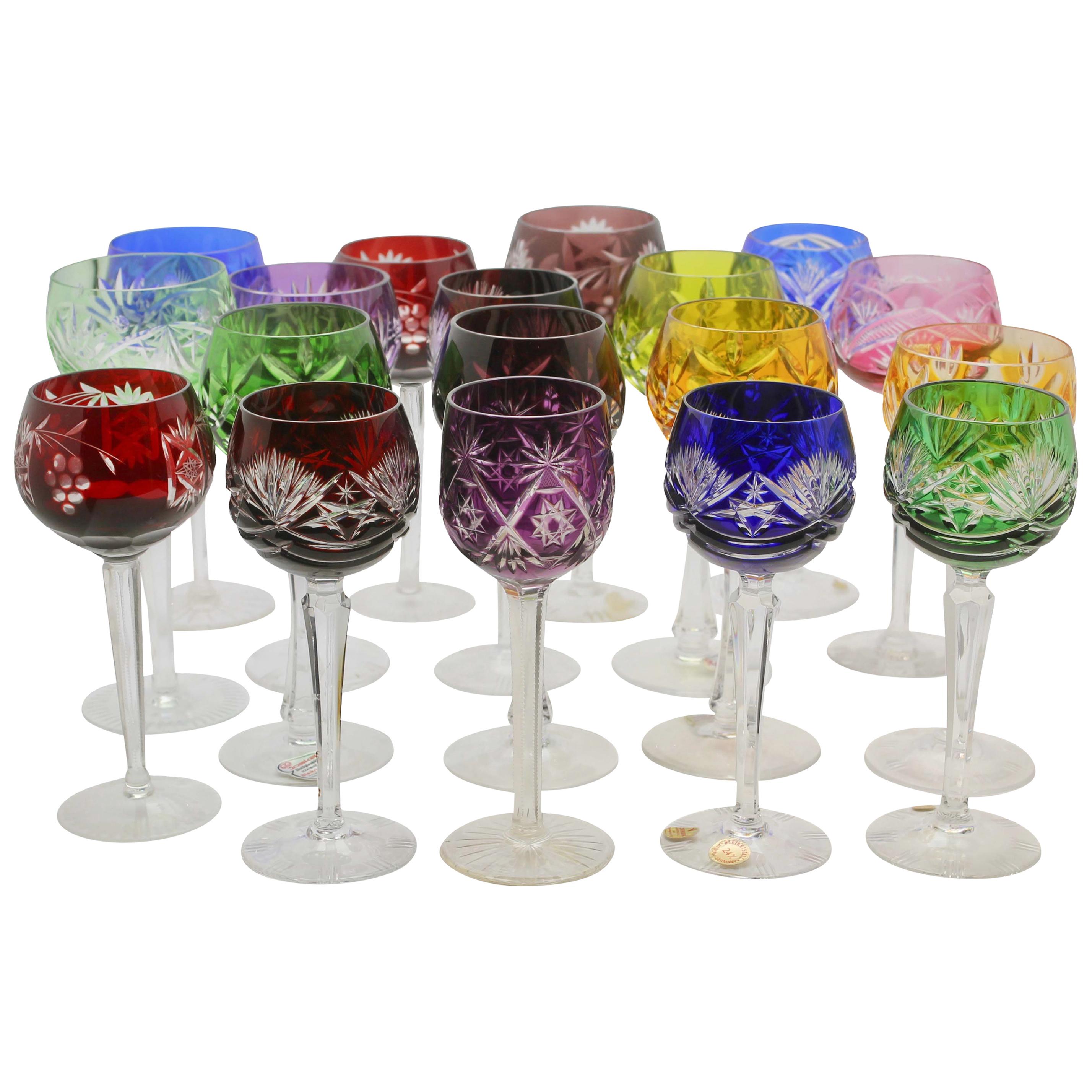 Crystal Mix Set of 18 Nachtmann Stem Glasses with Colored Overlay Cut to Clear