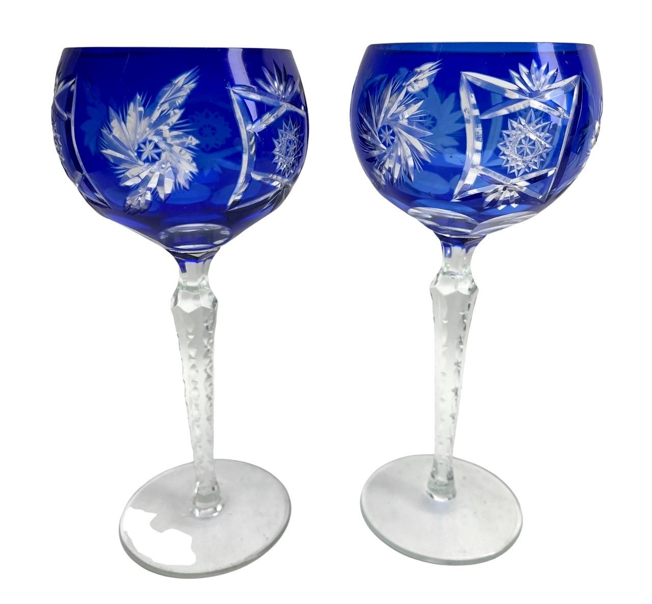 Crystal Mix Set of 6 Cobalt Stem Glasses with Overlay Cut to Clear For Sale 4