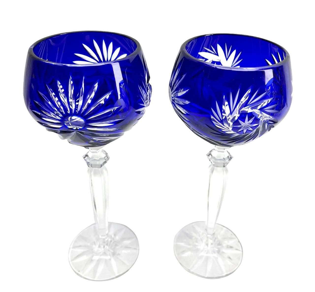 Crystal Mix Set of 6 Cobalt Stem Glasses with Overlay Cut to Clear For Sale 5