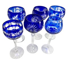 Crystal Mix Set of 6 Cobalt Stem Glasses with Overlay Cut to Clear