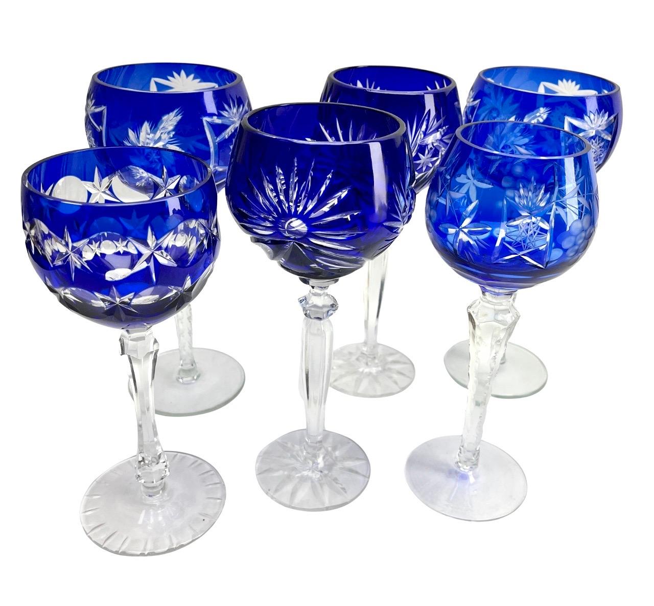 Mid-Century Modern Crystal Mix Set of 6 Cobalt Stem Glasses with Overlay Cut to Clear For Sale