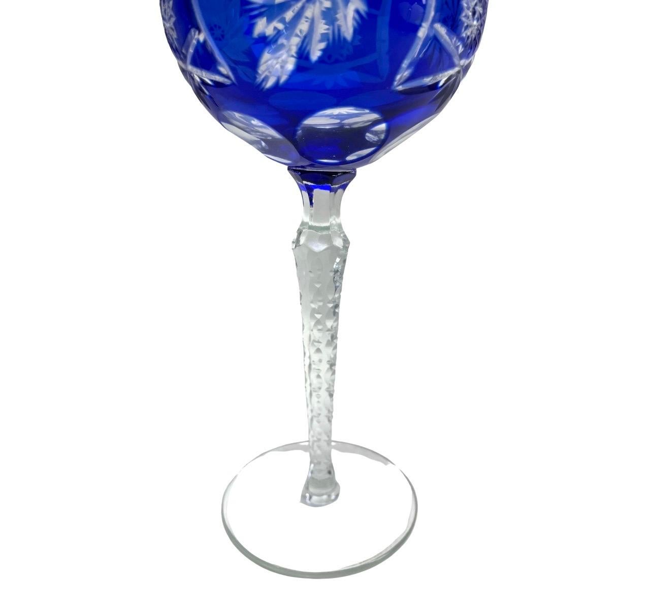 German Crystal Mix Set of 6 Cobalt Stem Glasses with Overlay Cut to Clear For Sale