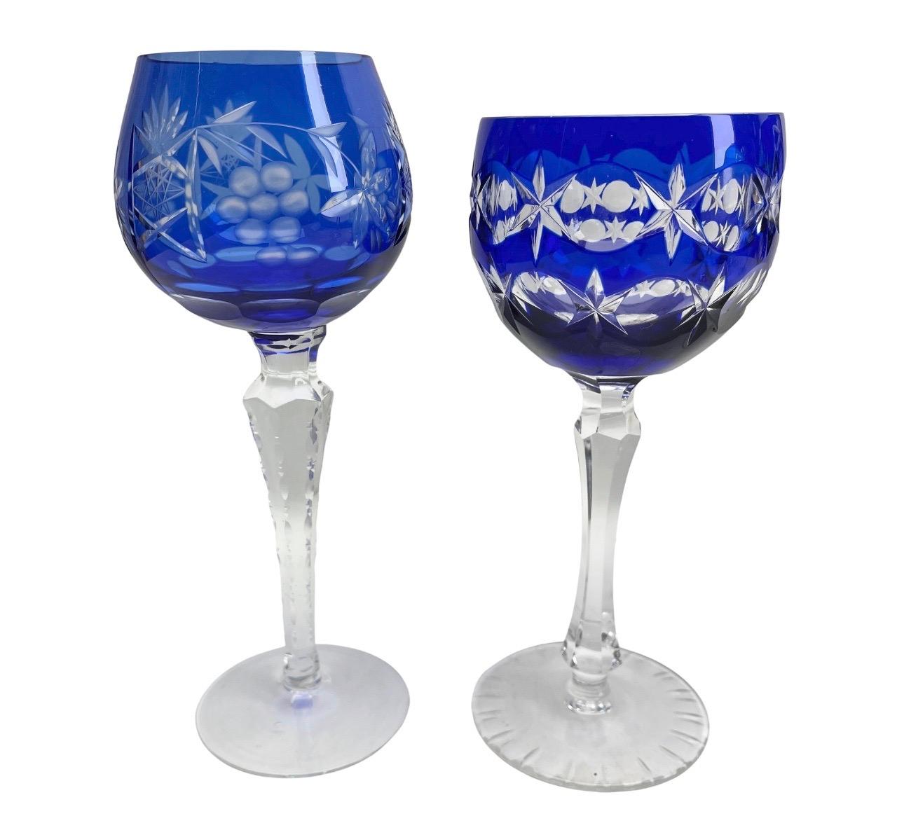 Mid-20th Century Crystal Mix Set of 6 Cobalt Stem Glasses with Overlay Cut to Clear For Sale