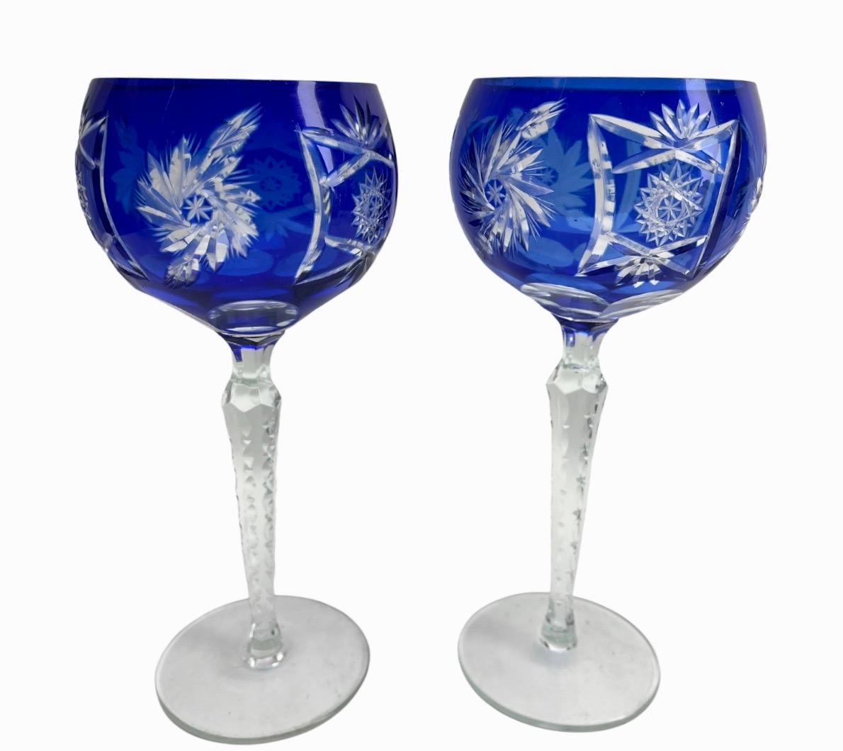 Crystal Mix Set of 6 Cobalt Stem Glasses with Overlay Cut to Clear For Sale 1