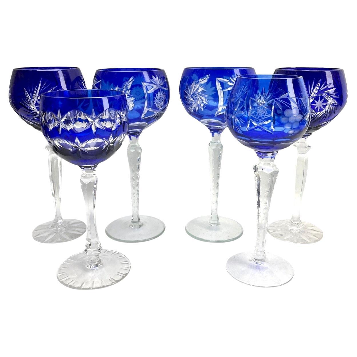 Crystal Mix Set of 6 Cobalt Stem Glasses with Overlay Cut to Clear