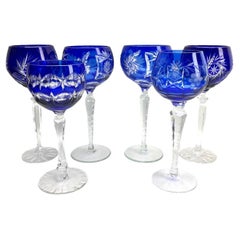 Crystal Mix Set of 6 Cobalt Stem Glasses with Overlay Cut to Clear