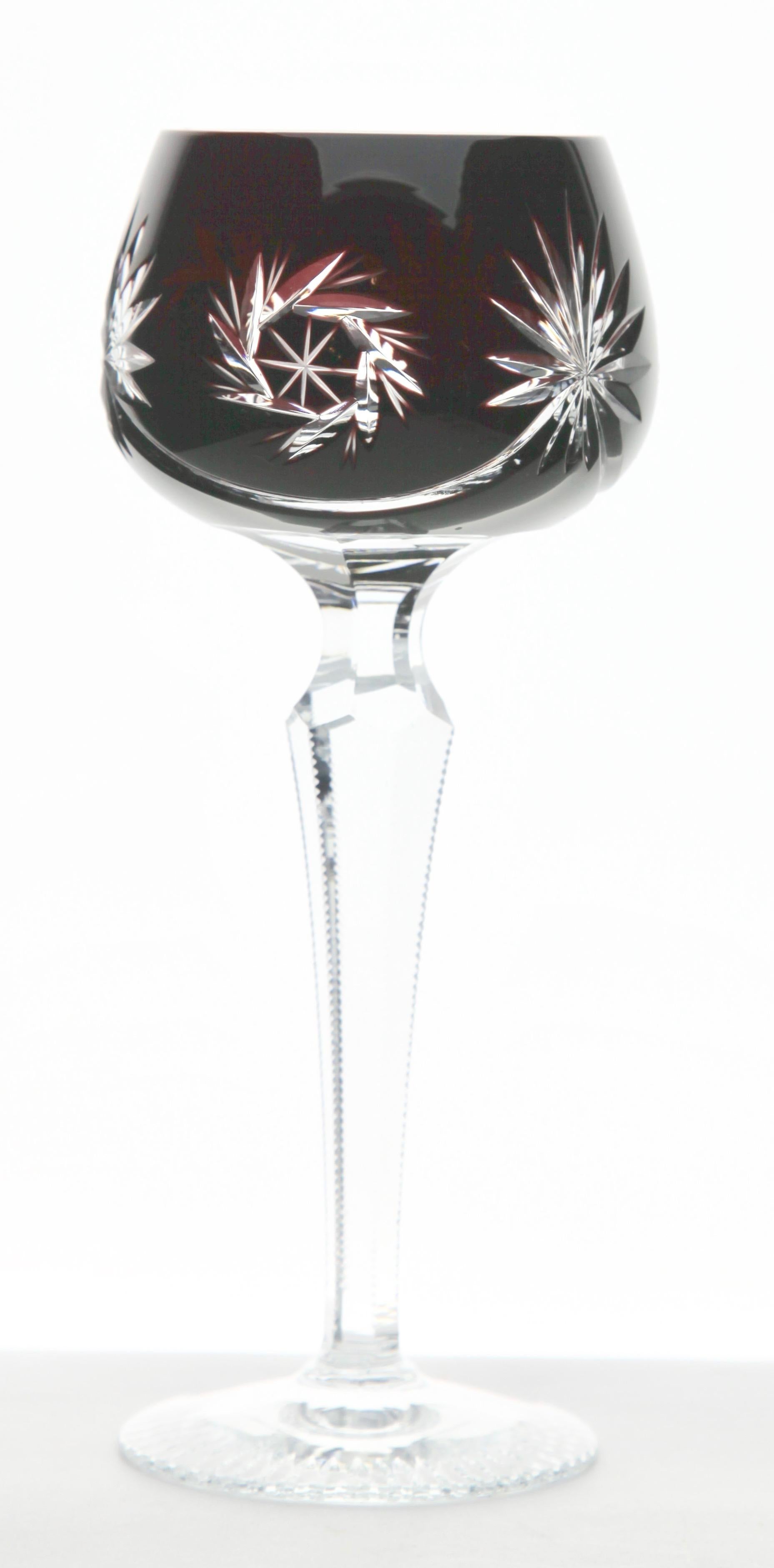 Mid-20th Century Crystal Mix Set of 6 Nachtmann Stem Glasses with Colored Overlay Cut to Clear