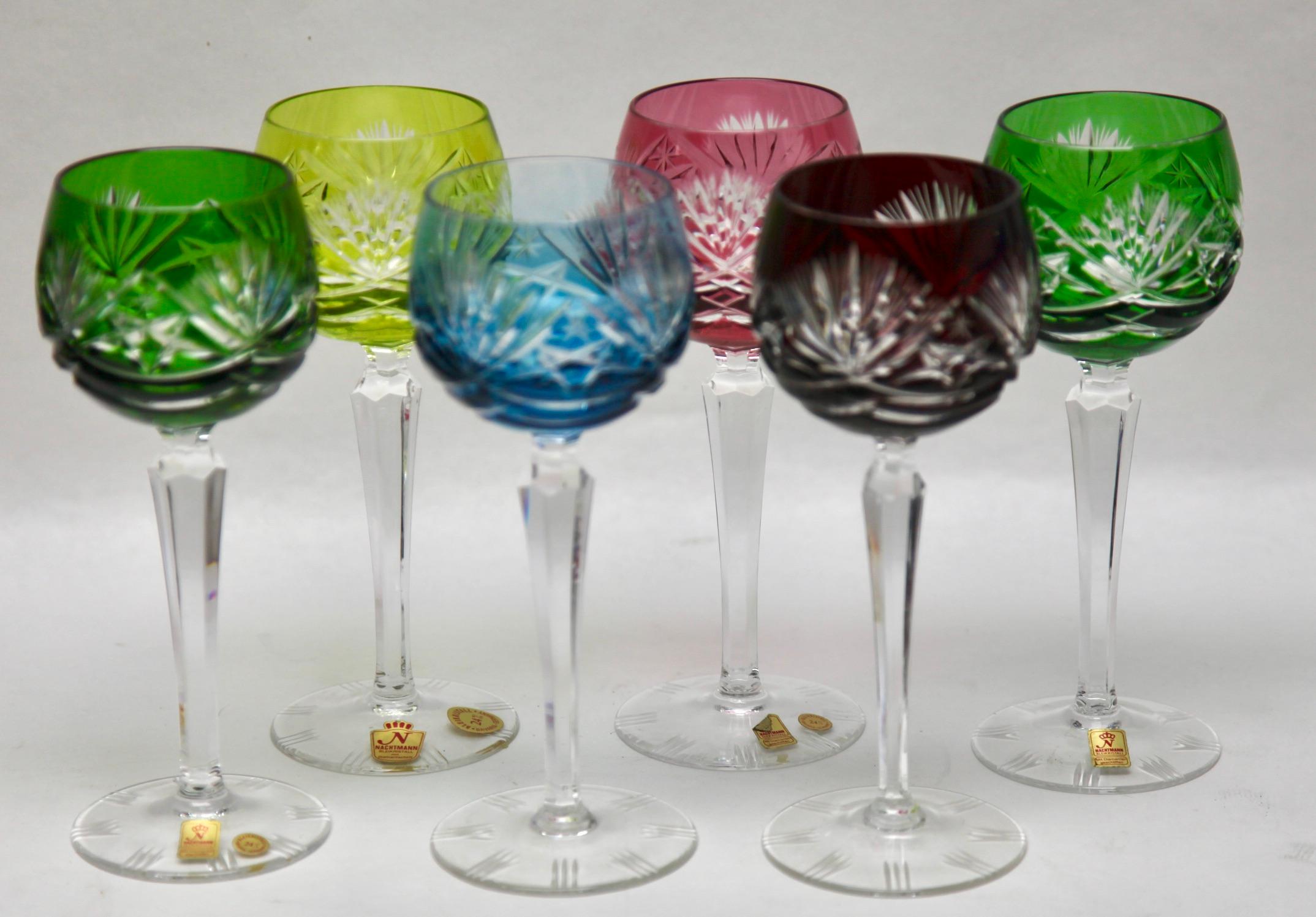 Crystal Mix Set of 6 Nachtmann Stem Glasses with Colored Overlay Cut to Clear For Sale 1