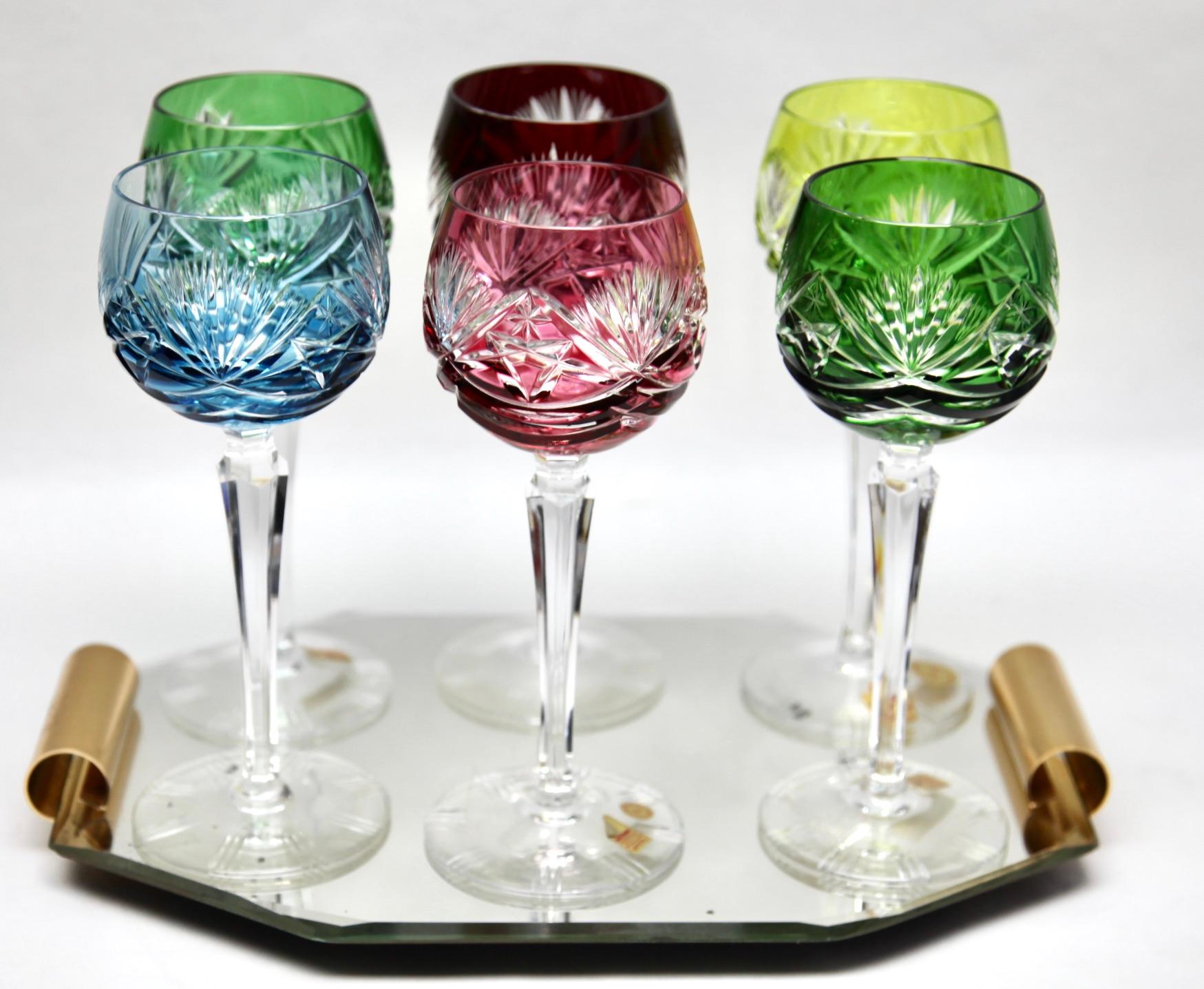 Crystal Mix Set of 6 Nachtmann Stem Glasses with Colored Overlay Cut to Clear For Sale 2
