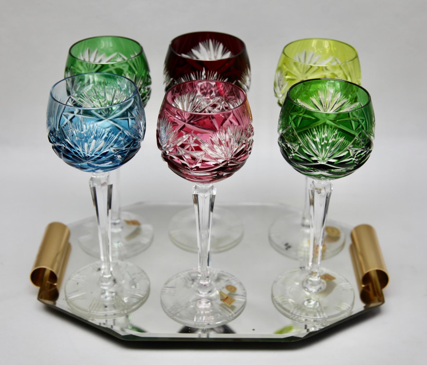 Crystal Mix Set of 6 Nachtmann Stem Glasses with Colored Overlay Cut to Clear For Sale 3