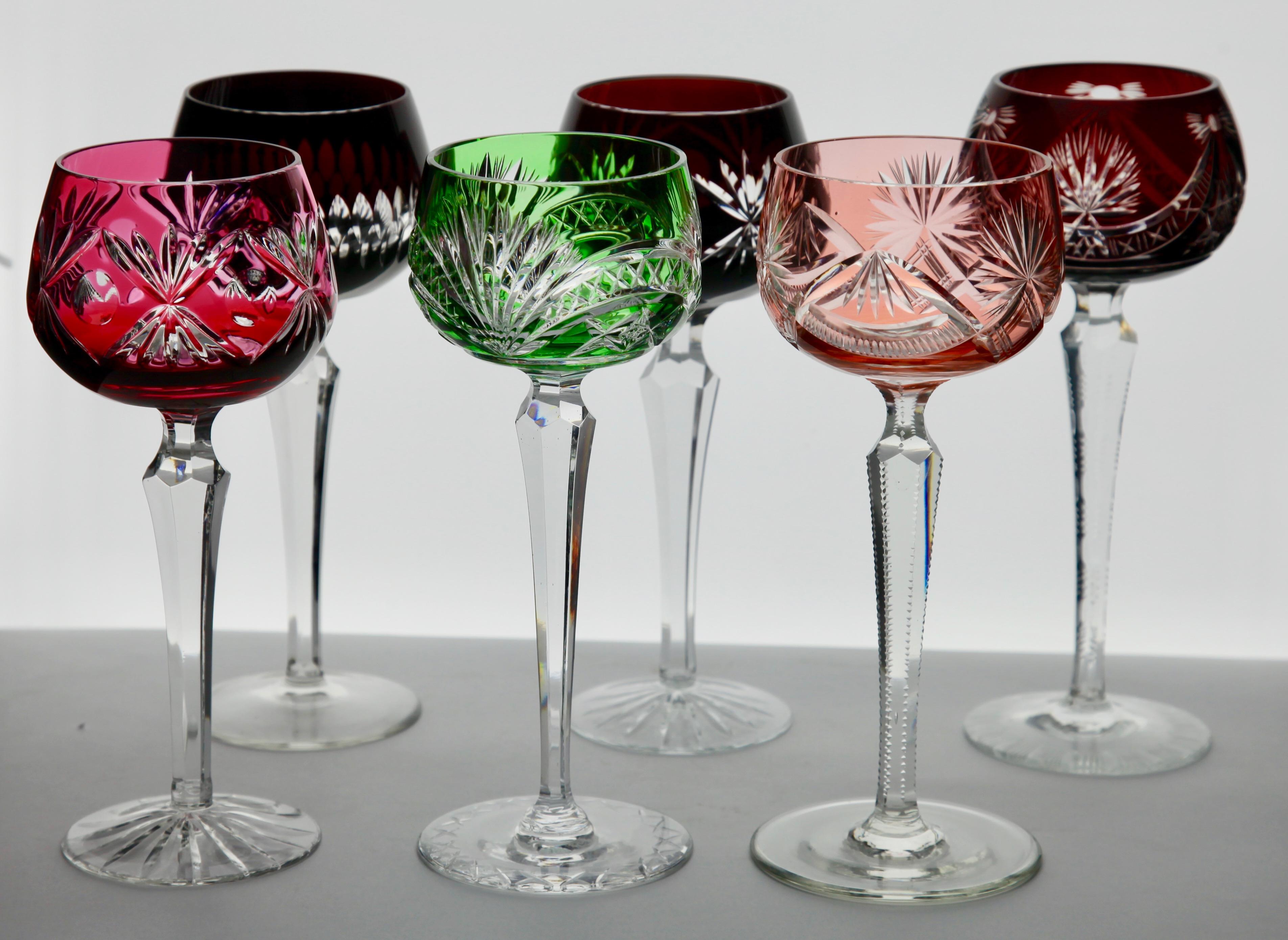 Mid-Century Modern Crystal Mix Set of 6 Nachtmann Stem Glasses with Colored Overlay Cut to Clear