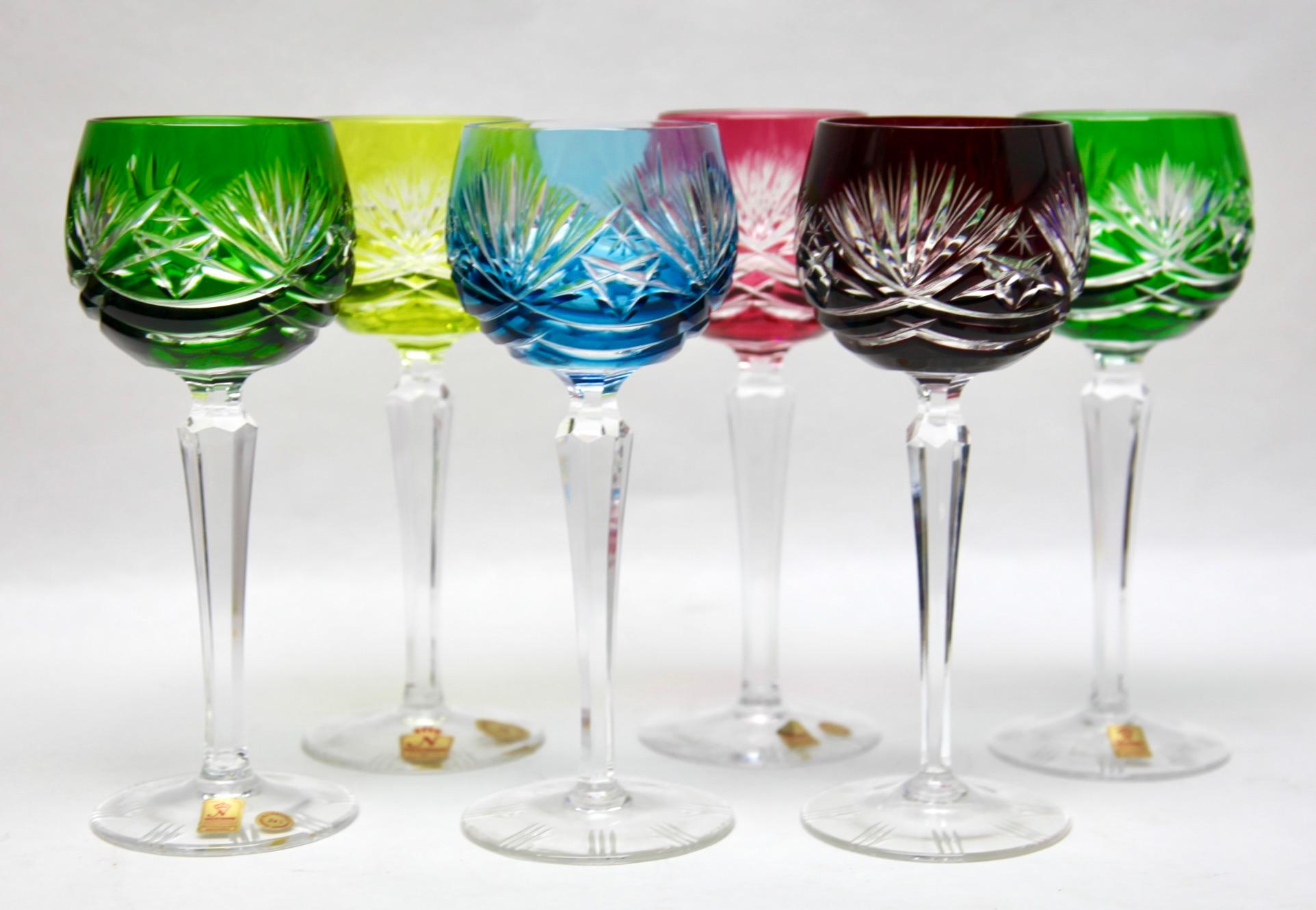 Mid-Century Modern Crystal Mix Set de 6 verres à pied Nachtmann avec incrustation de couleur, taillés pour être transparents en vente