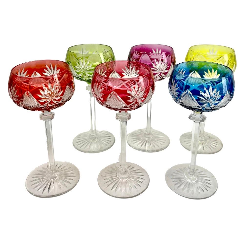 Mid-Century Modern Crystal Mix Set of 6 Nachtmann Stem Glasses with Colored Overlay Cut to Clear For Sale
