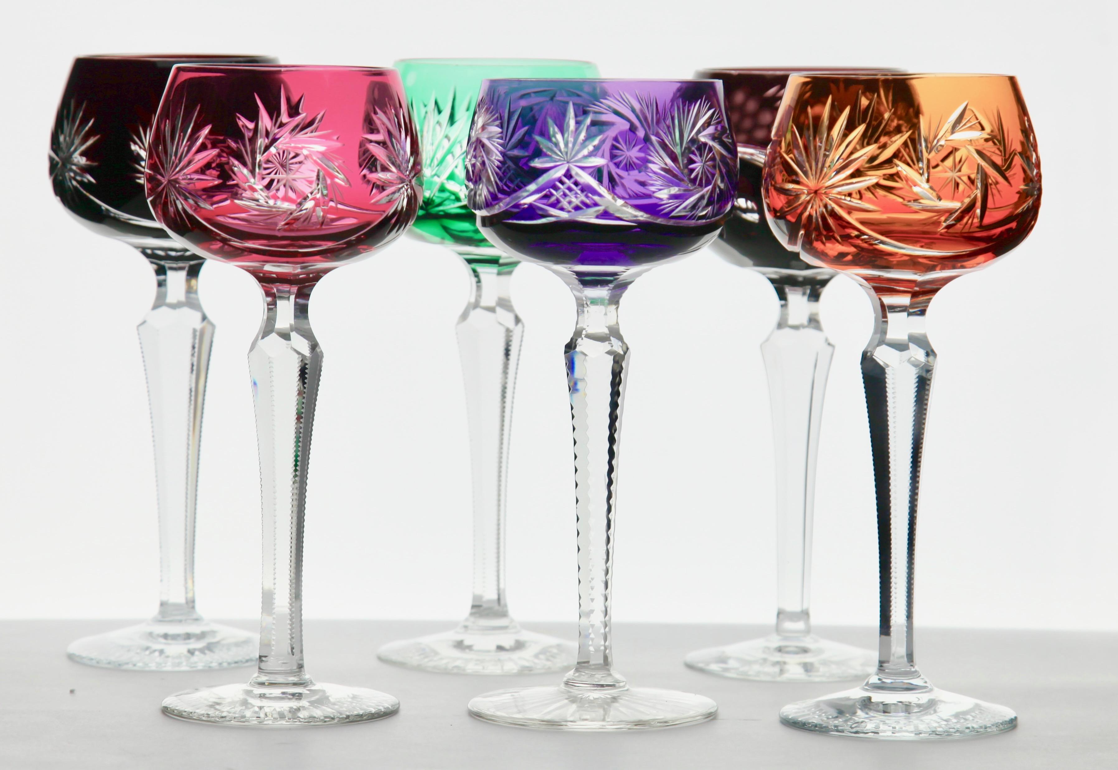 Mid-Century Modern Crystal Mix Set of 6 Nachtmann Stem Glasses with Colored Overlay Cut to Clear