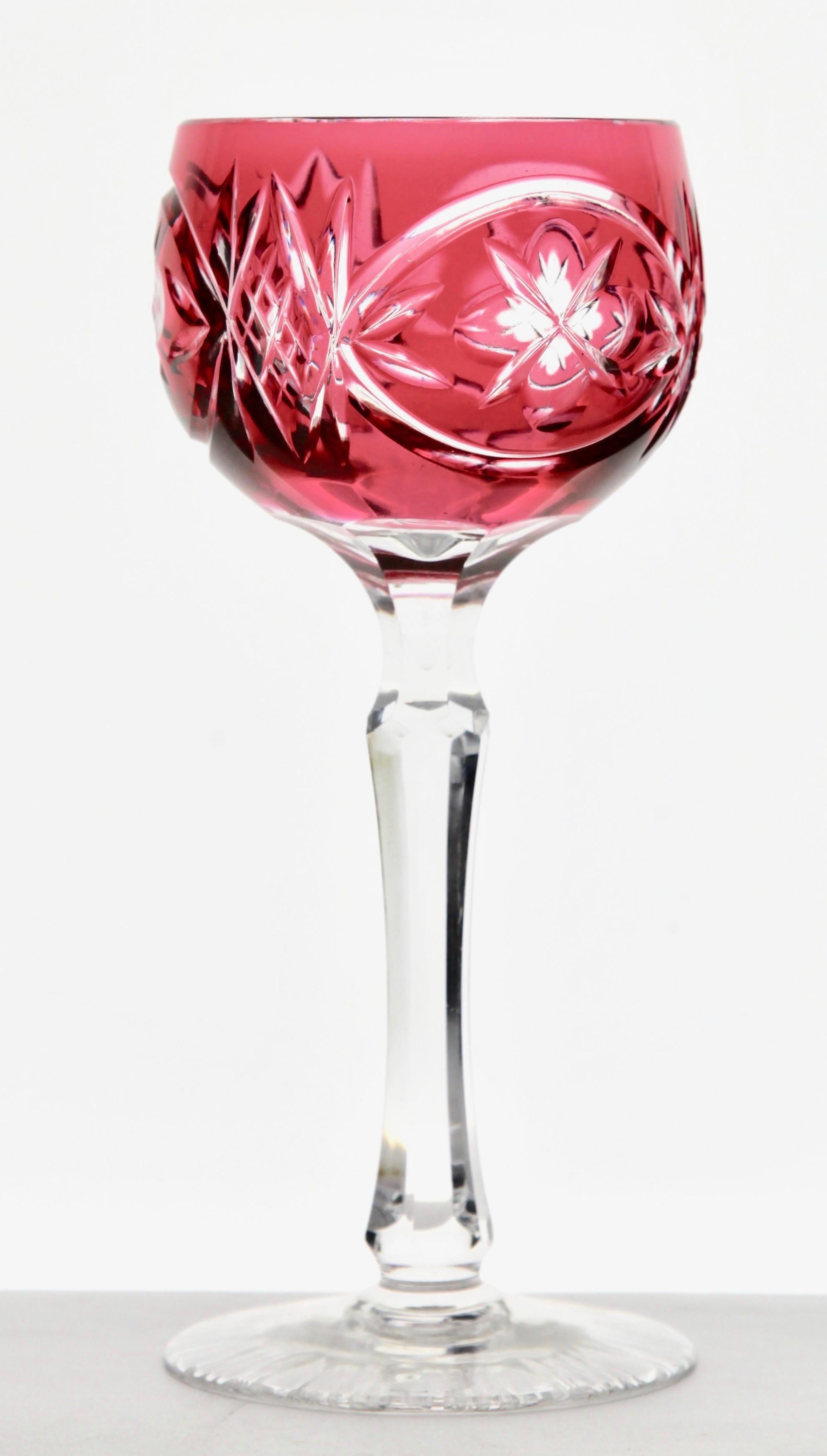 Mid-Century Modern Crystal Mix Set of 6 Nachtmann Stem Glasses with Colored Overlay Cut to Clear