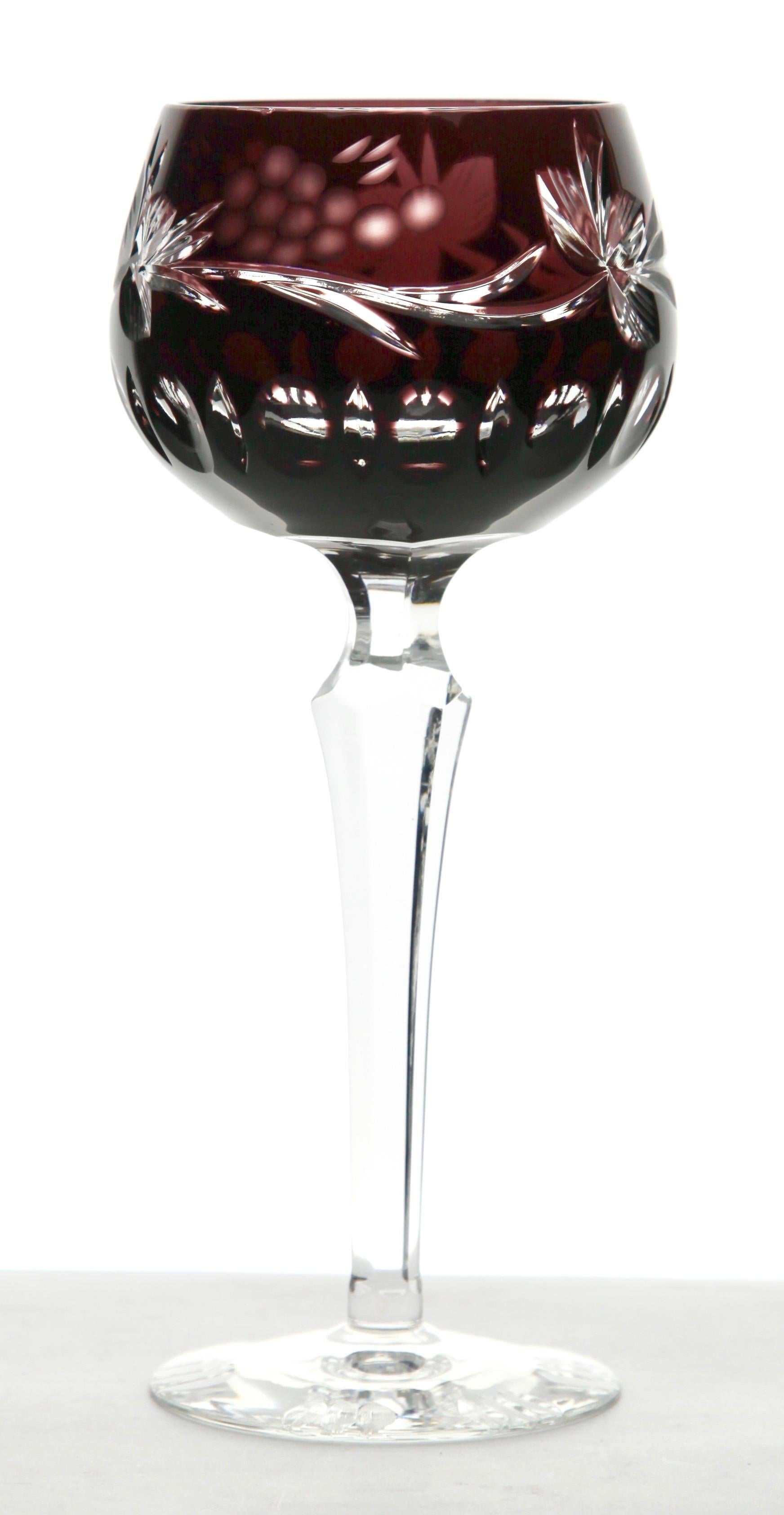 German Crystal Mix Set of 6 Nachtmann Stem Glasses with Colored Overlay Cut to Clear