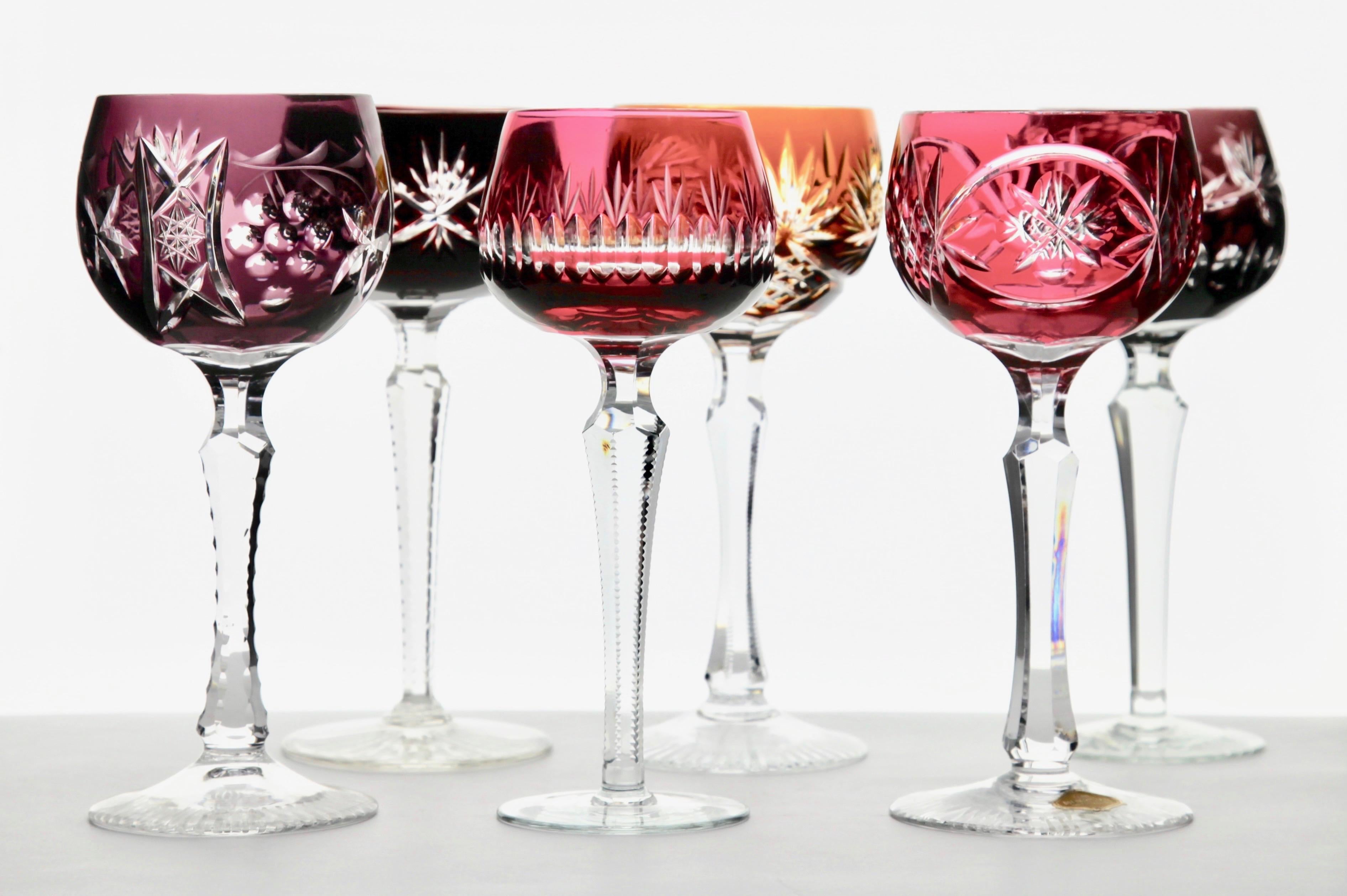 German Crystal Mix Set of 6 Nachtmann Stem Glasses with Colored Overlay Cut to Clear