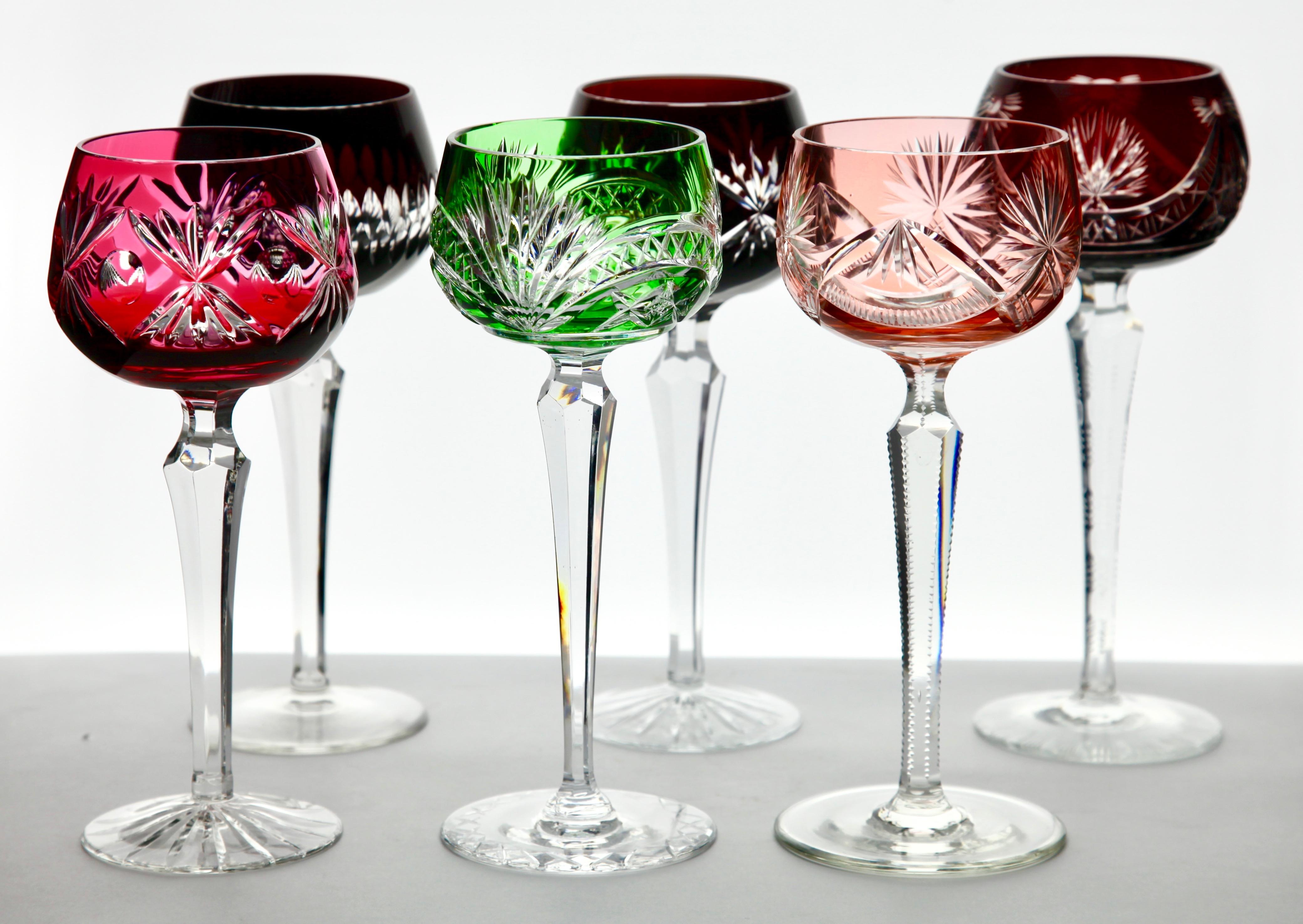 Mid-20th Century Crystal Mix Set of 6 Nachtmann Stem Glasses with Colored Overlay Cut to Clear