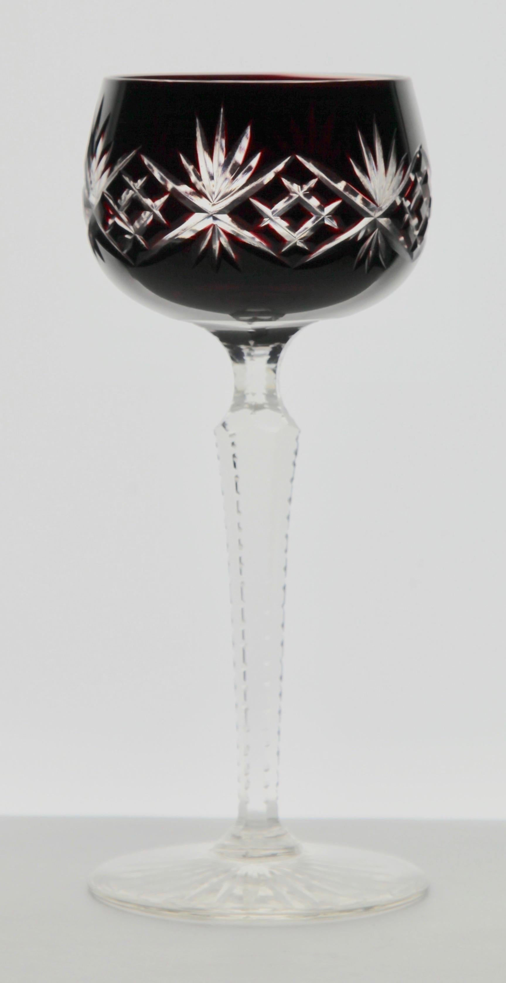 Faceted Crystal Mix Set of 6 Nachtmann Stem Glasses with Colored Overlay Cut to Clear