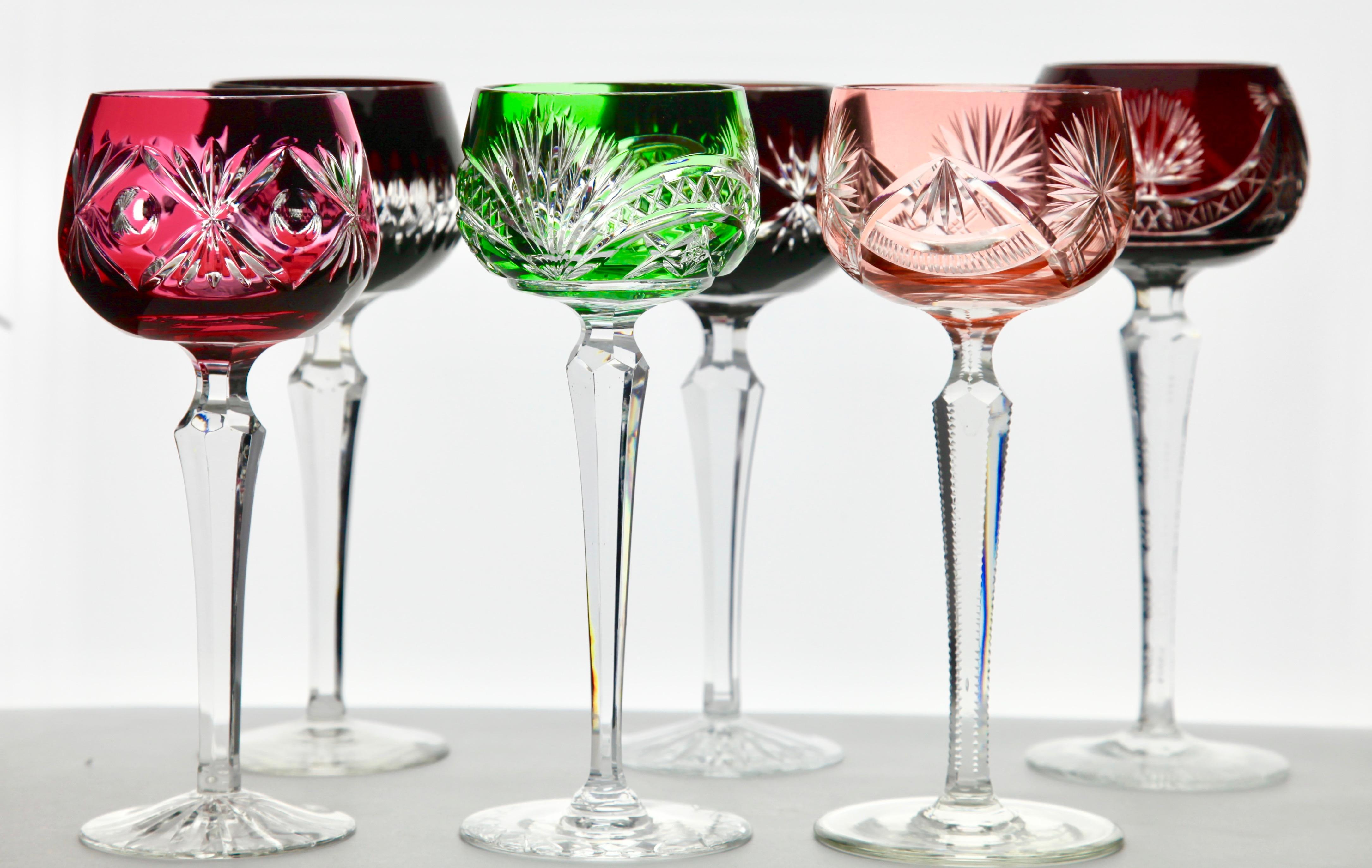 Crystal Mix Set of 6 Nachtmann Stem Glasses with Colored Overlay Cut to Clear 2
