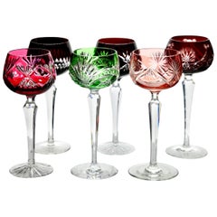 Crystal Mix Set of 6 Nachtmann Stem Glasses with Colored Overlay Cut to Clear
